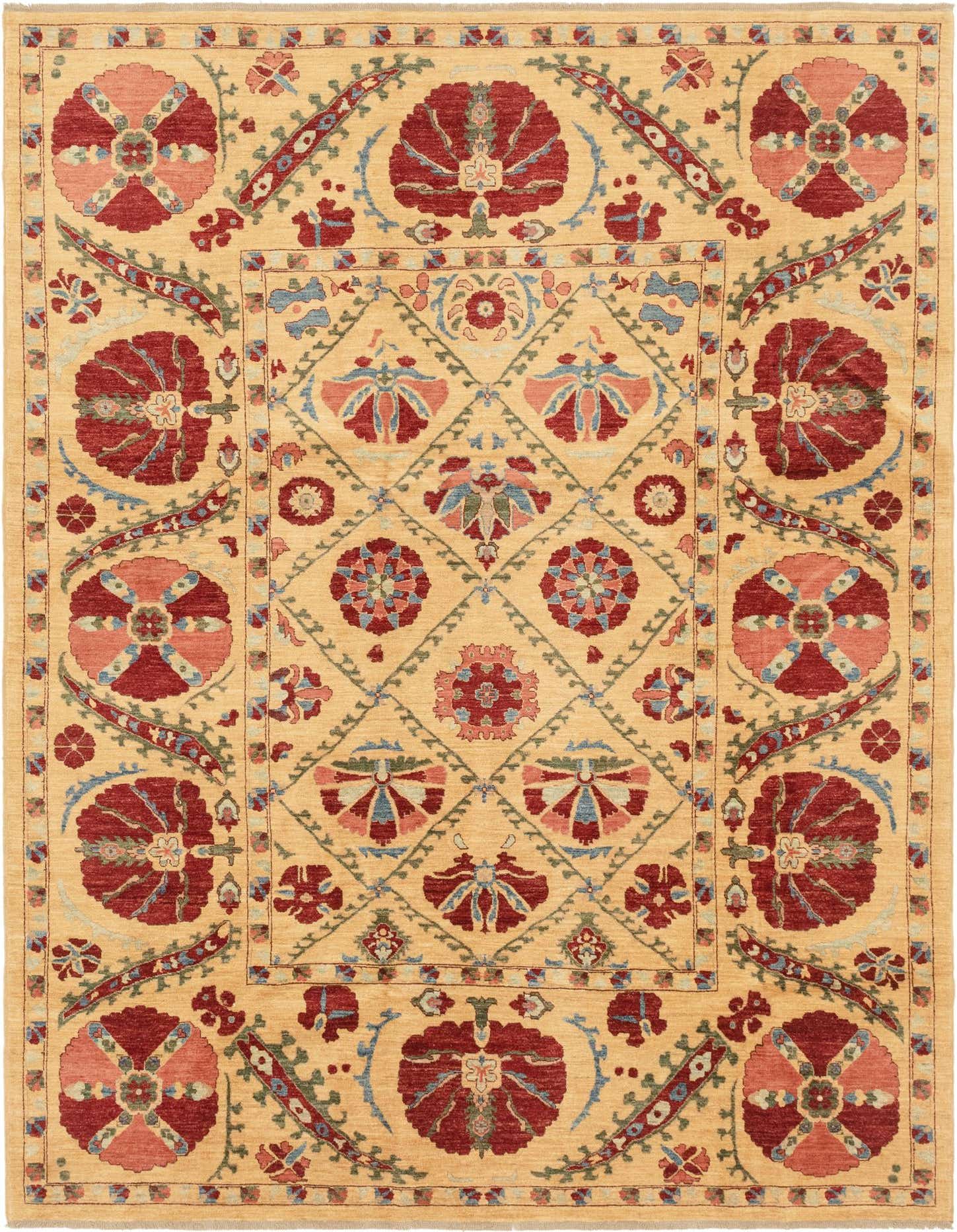A 7x10 rectangular Ariana Ziegler rug featuring a traditional tribal pattern in yellows/golds with red and blue floral motifs.