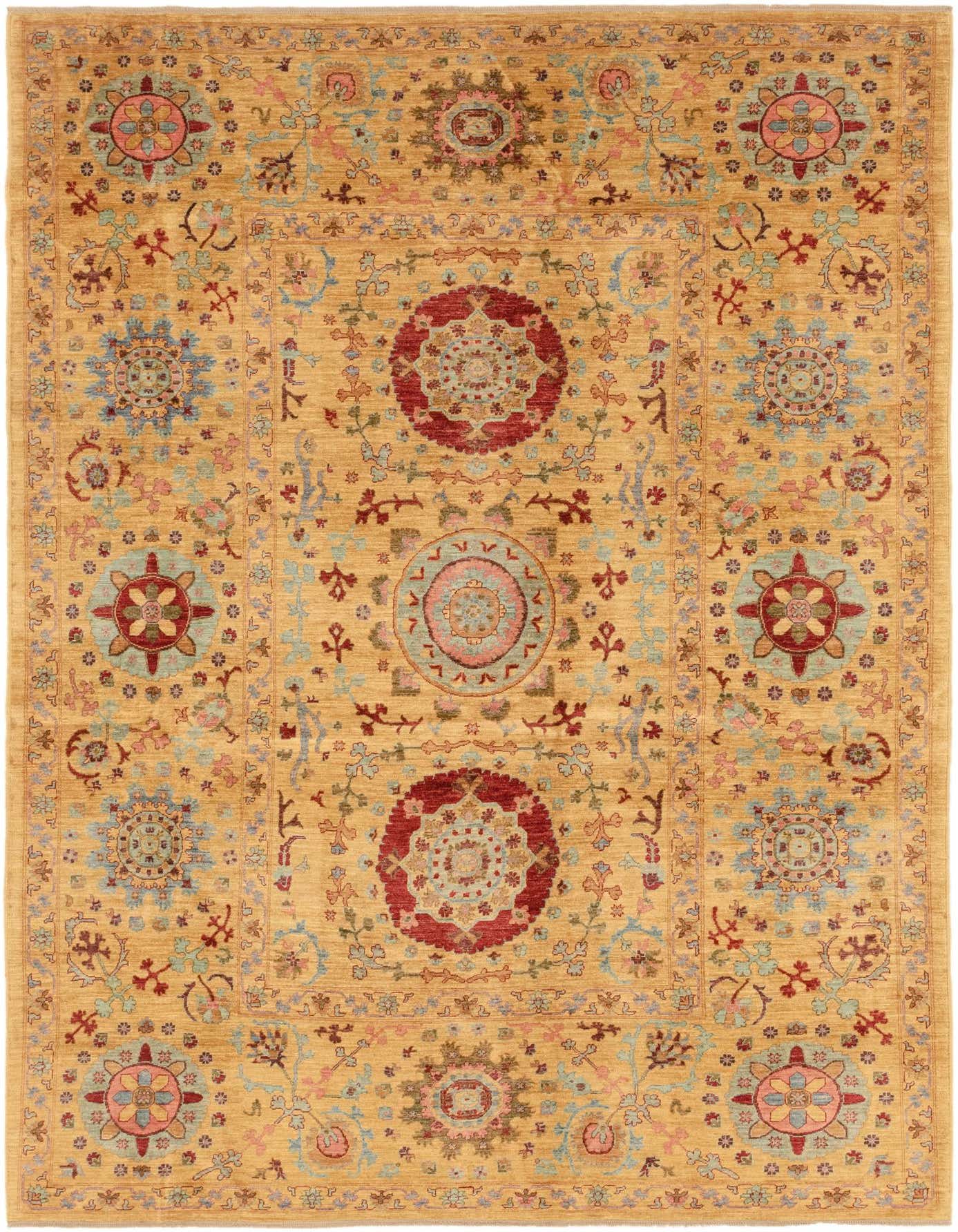 A 6x9 rectangular Ariana Ziegler rug in yellow and gold with traditional tribal medallions and floral patterns.
