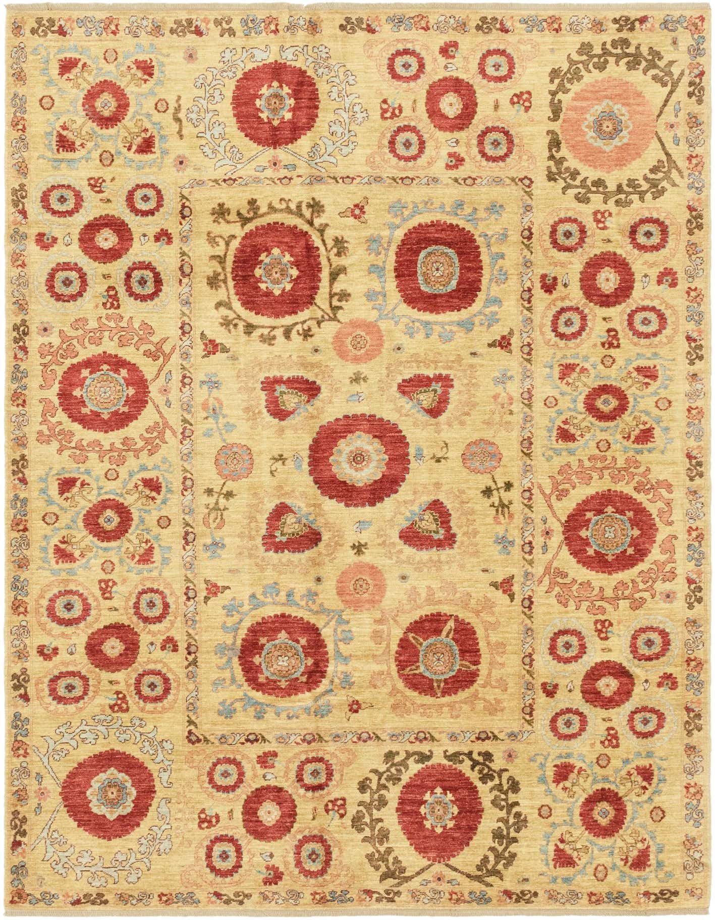 A 6x9 rectangular Ariana Ziegler rug featuring a traditional tribal pattern with red, blue, and pink medallions on a golden yellow background.