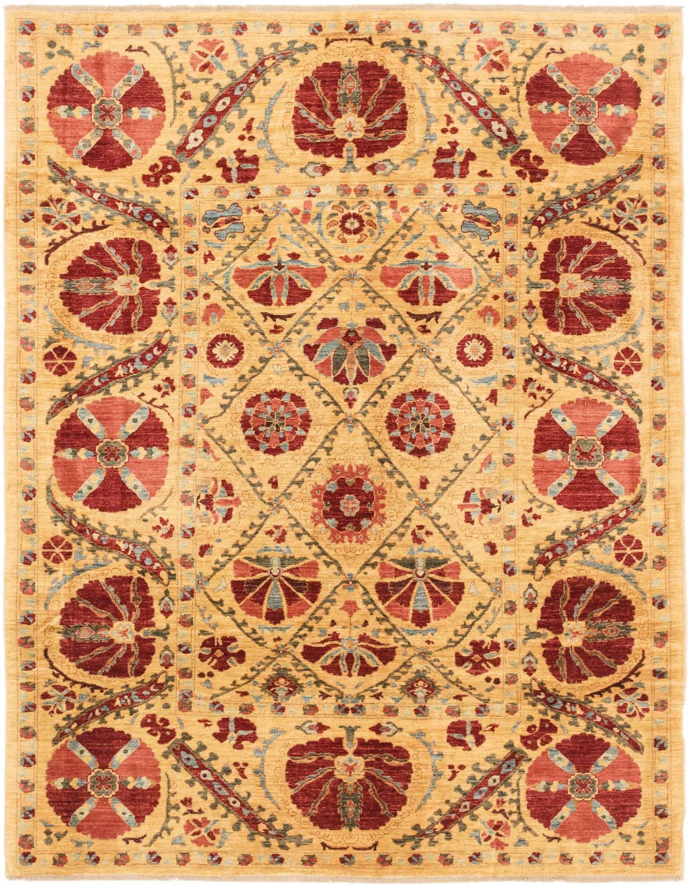 A 6x9 rectangular Ariana Ziegler rug featuring a tribal and oriental pattern in yellow, gold, and deep red hues.