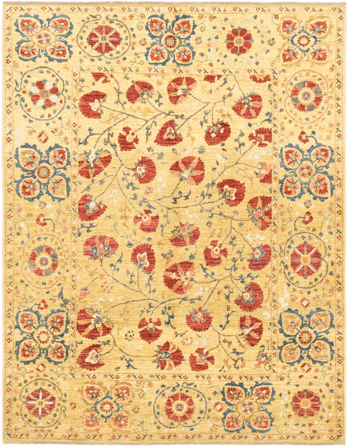 A 5x7 rectangular Ariana Ziegler rug featuring a yellow field with scattered red floral motifs and a border of blue and red medallions.