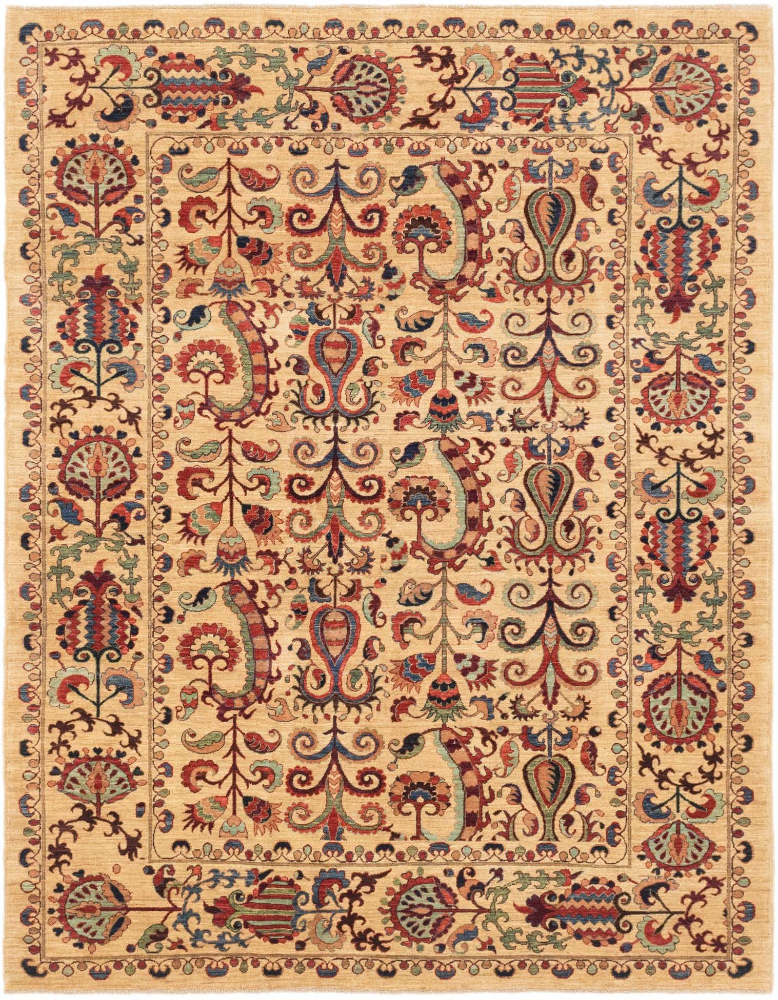 A 6x9 rectangular Ariana Ziegler rug featuring a traditional tribal pattern in yellows/golds with red, blue, and green accents.