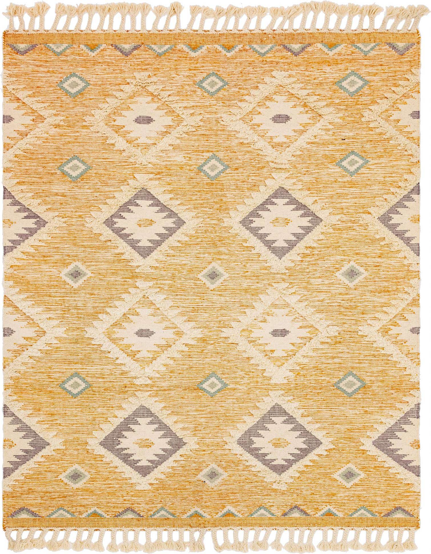A rectangular 8x10 yellow and cream wool rug with a Southwestern tribal pattern and fringed edges.