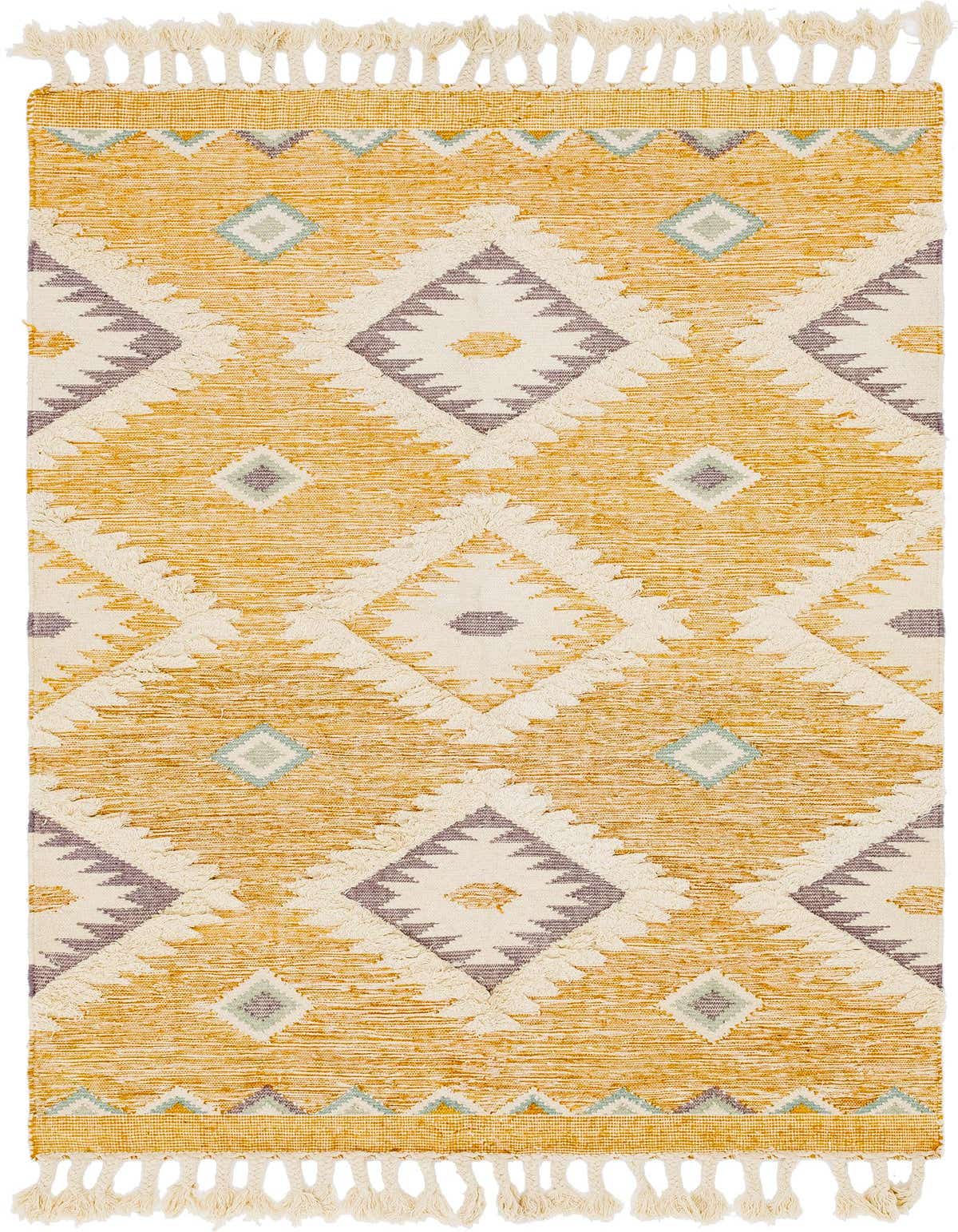 A 6x9 rectangular yellow and cream bohemian wool rug with a tribal diamond pattern and fringe tassels.