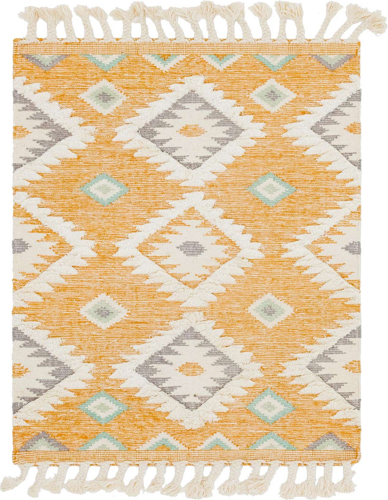 A 4x6 rectangular yellow, white, and gray bohemian rug with a Southwestern tribal pattern and decorative tassels.
