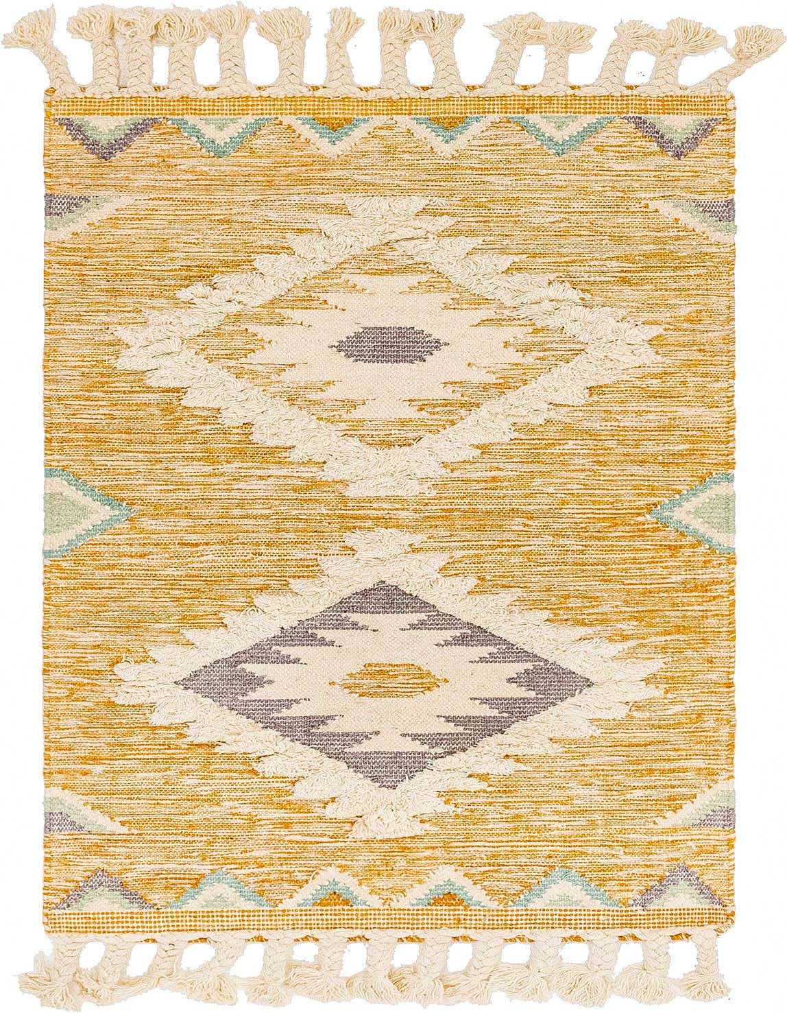 A 3x5 rectangular yellow and cream wool rug with a bohemian tribal pattern and decorative tassels.