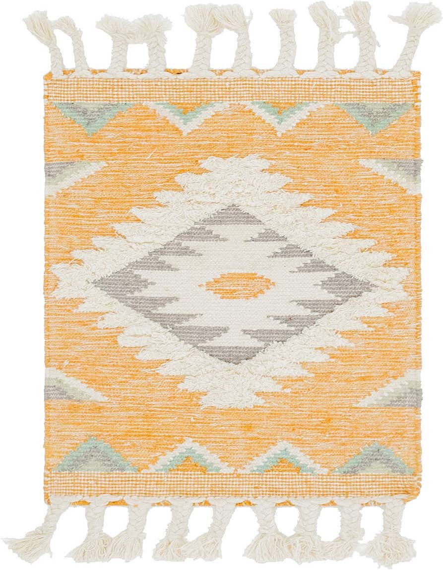 A 2x3 rectangular yellow, white, and gray bohemian wool rug with a tribal pattern and decorative tassels.