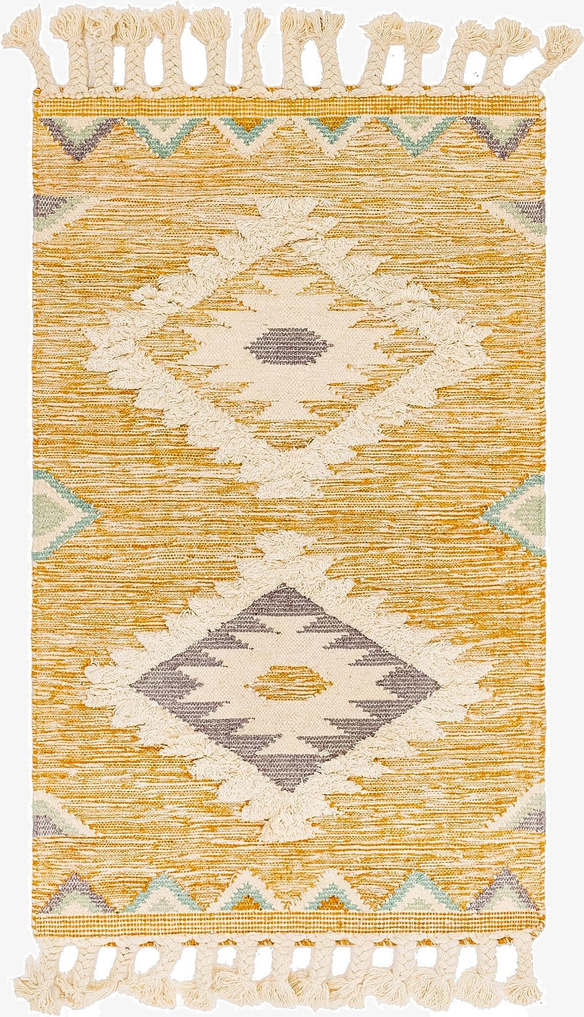 A 3x5 rectangular yellow and cream wool rug with a bohemian tribal pattern and decorative tassels.