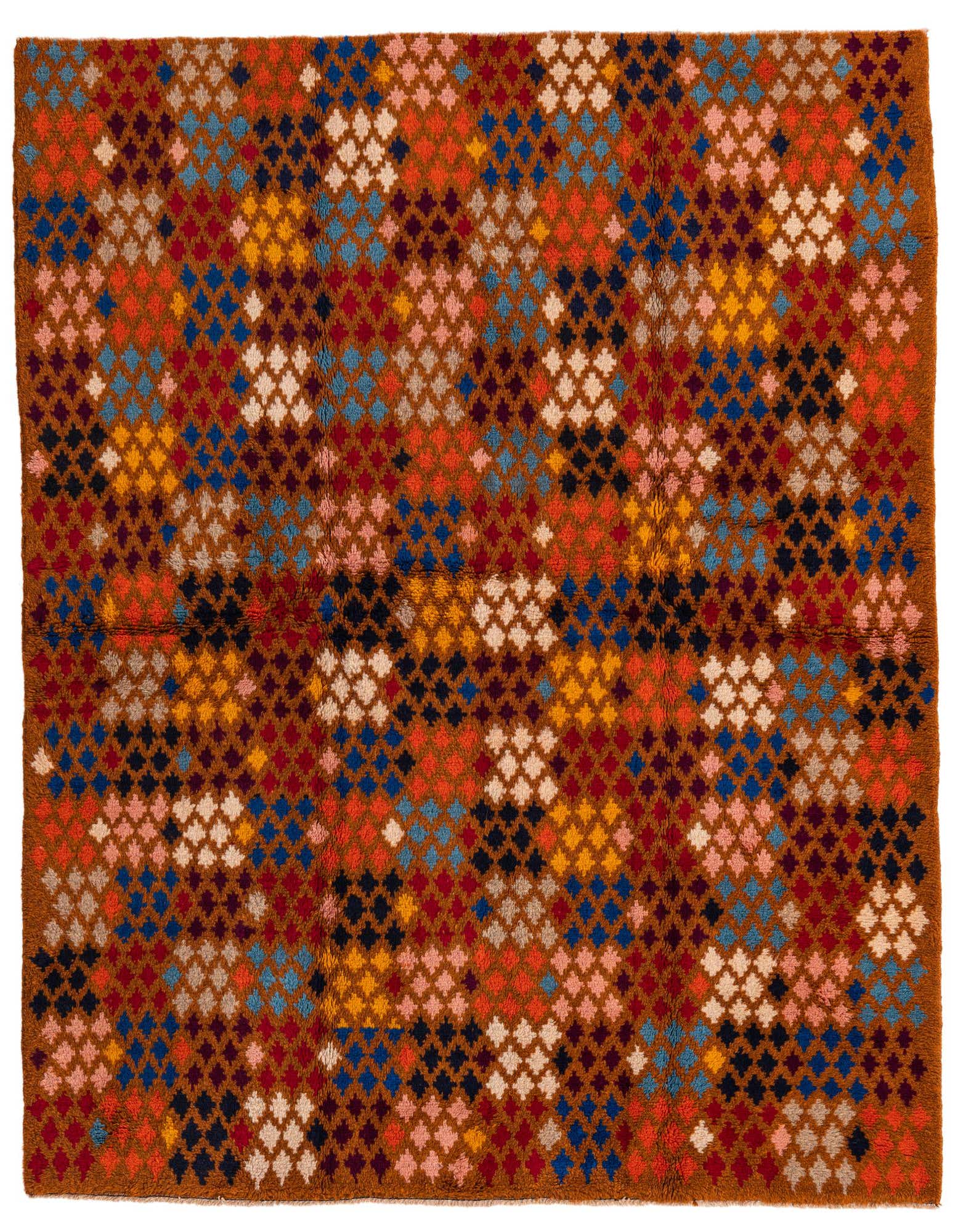 A 5x8 rectangular Balouch wool rug featuring a vibrant, multicolored traditional tribal pattern with diamond motifs on a gold background.