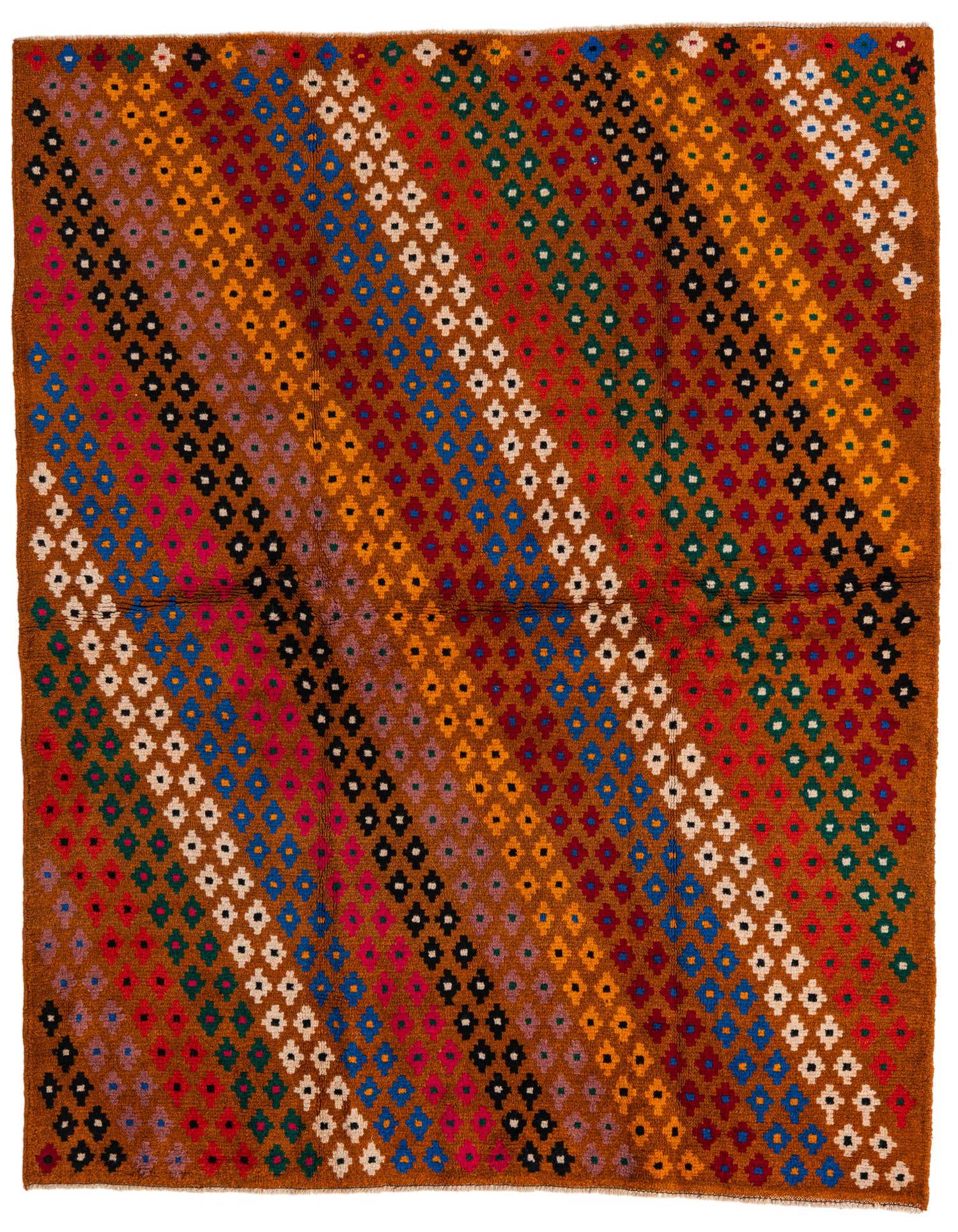 A 5x7 rectangular Balouch rug featuring a traditional tribal pattern of colorful diamonds in diagonal stripes on a warm gold background.