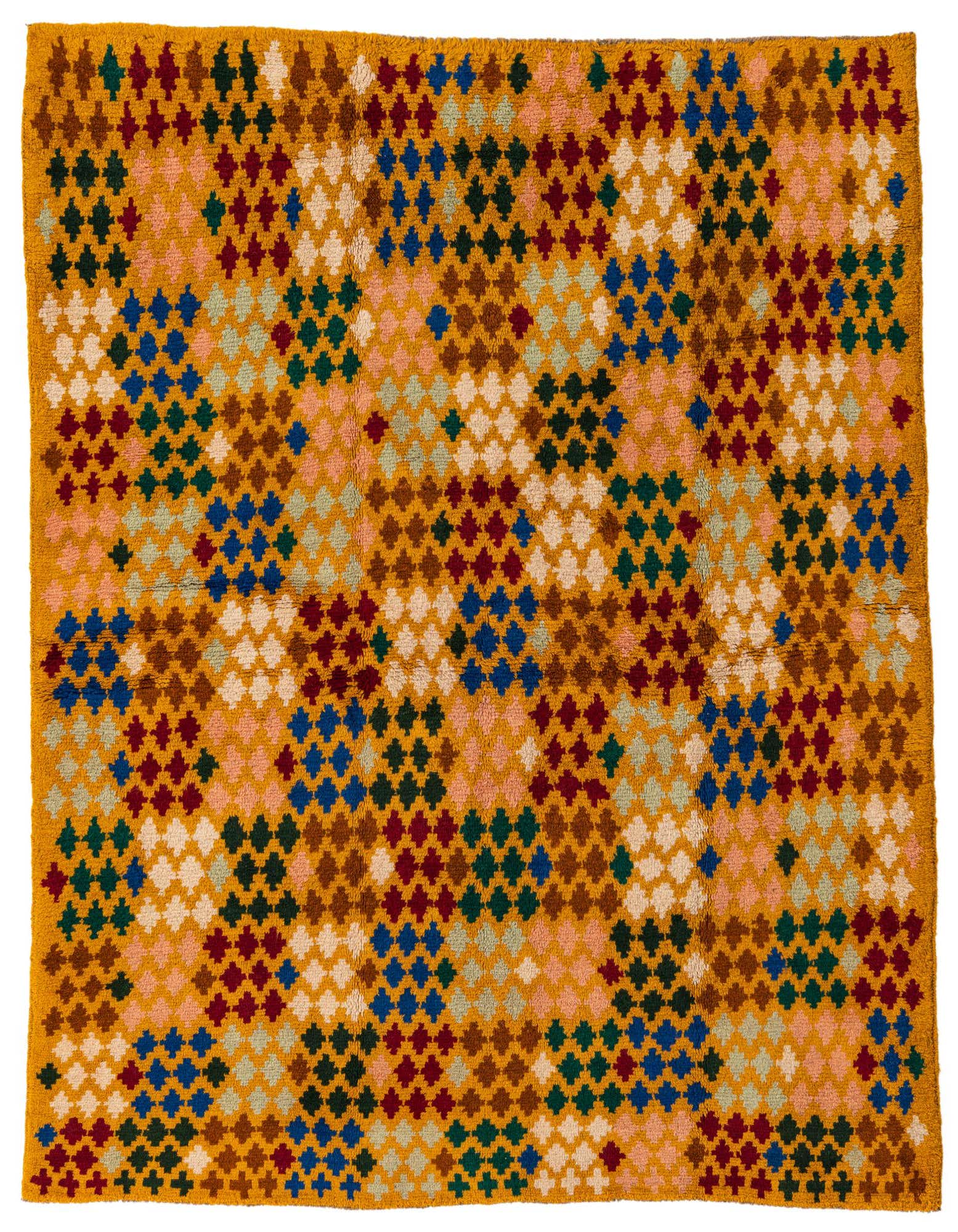 A 4x6 rectangular Balouch rug in yellow, featuring a traditional tribal pattern of colorful diamonds in blues, reds, greens, and browns.