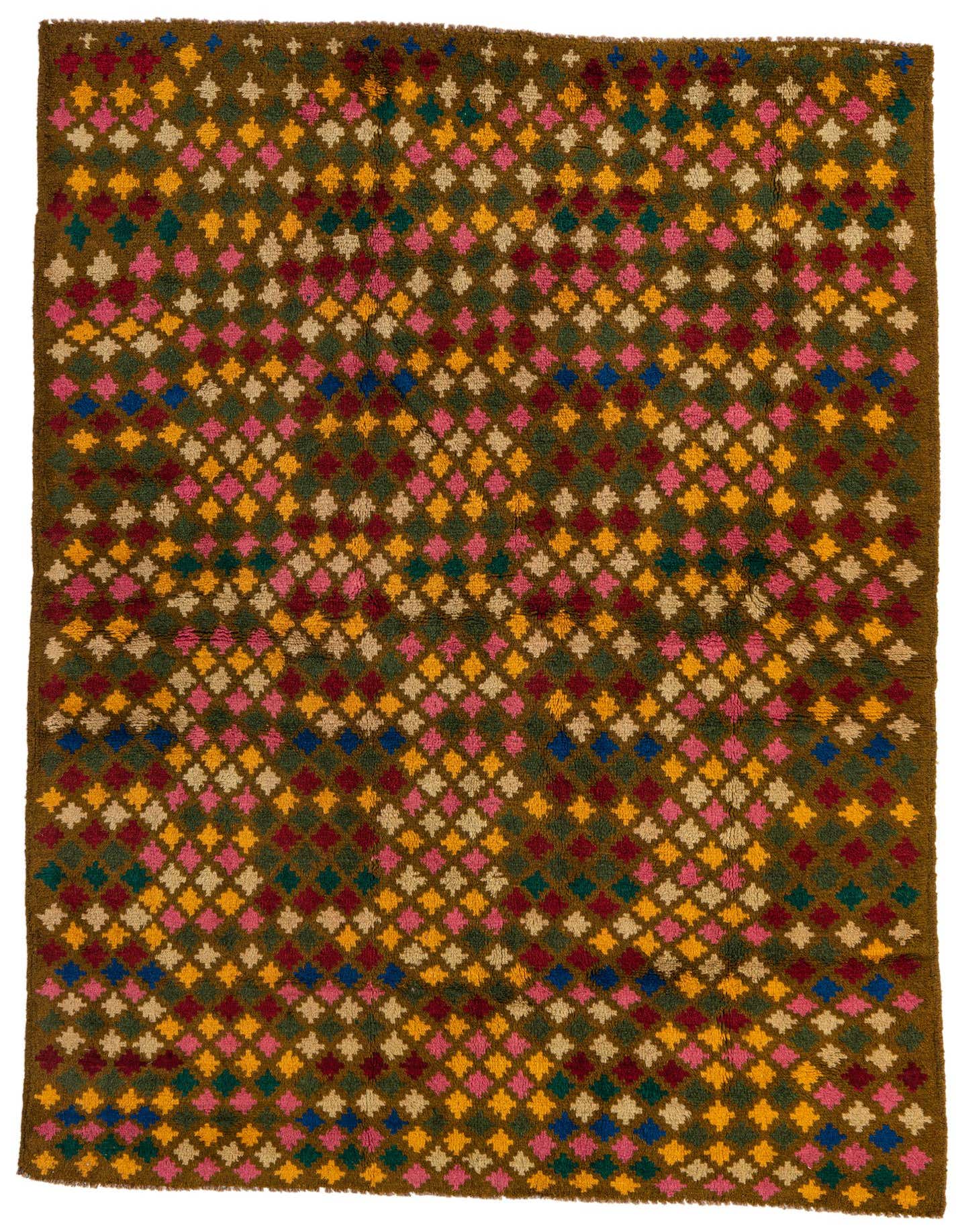 A 5x7 rectangular Balouch rug with a traditional tribal pattern of colorful diamonds in yellow, pink, red, blue, and green on a brown background.