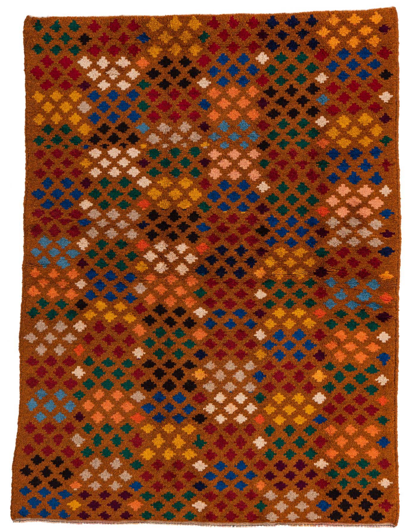 A 5x7 rectangular Balouch wool rug featuring a traditional tribal pattern of colorful diamonds on a golden-brown background.