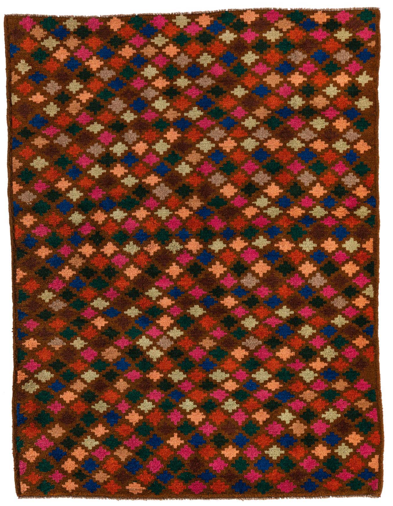 A 5x7 rectangular Balouch rug with a traditional tribal pattern of colorful diamonds on a brown background.