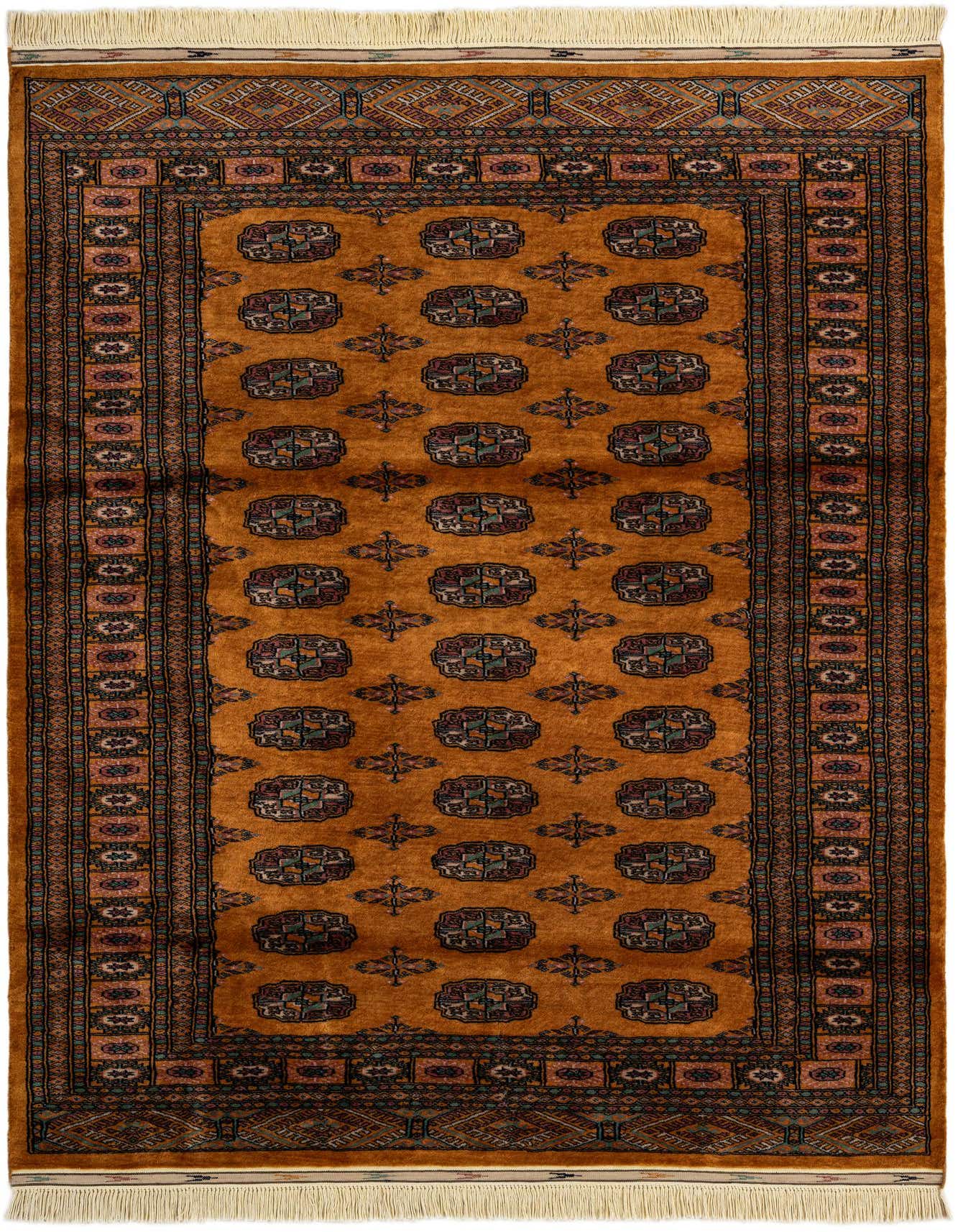 A 4x6 rectangular Bokhara rug with a thin pile, featuring a traditional tribal pattern in shades of gold, brown, and muted blues.
