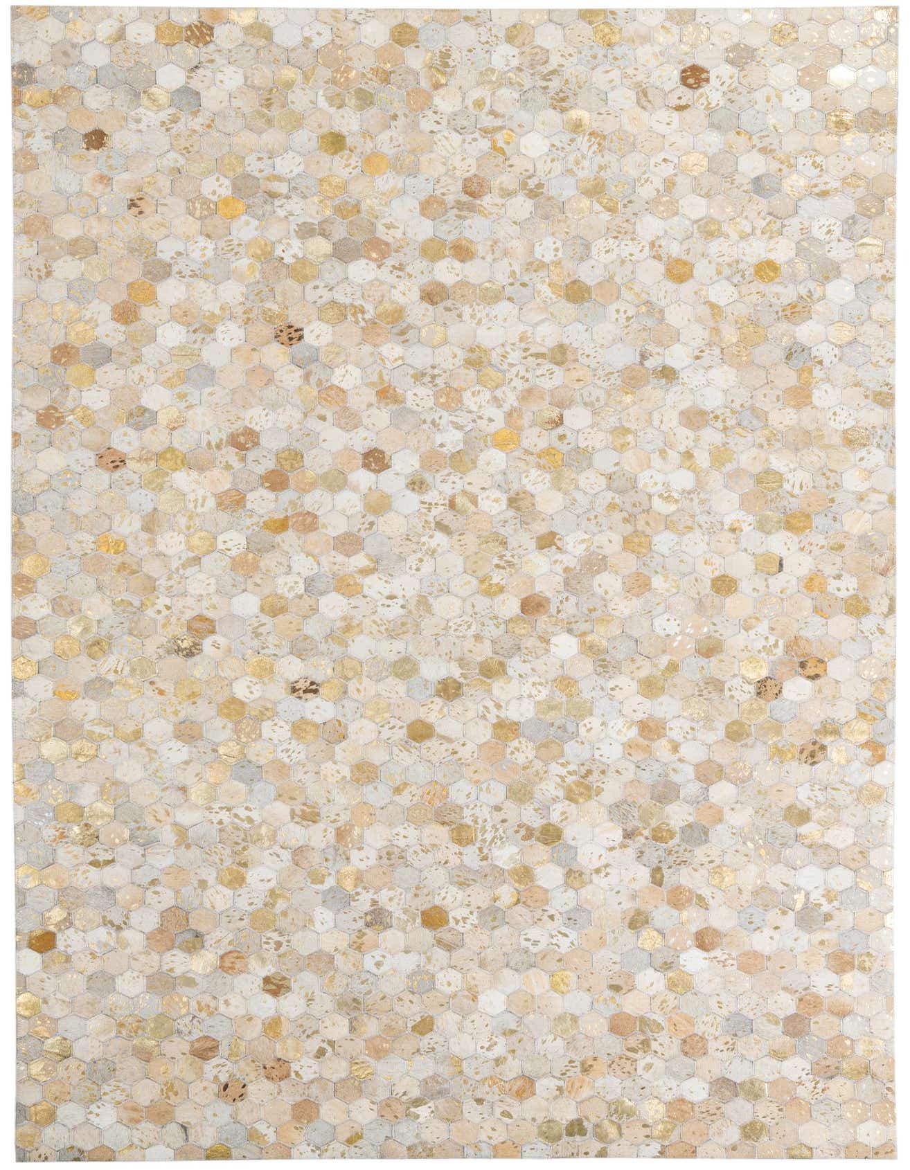 A 5x8 rectangular Cowhide Leather rug featuring a modern, abstract honeycomb pattern in varying shades of yellow, gold, and cream.