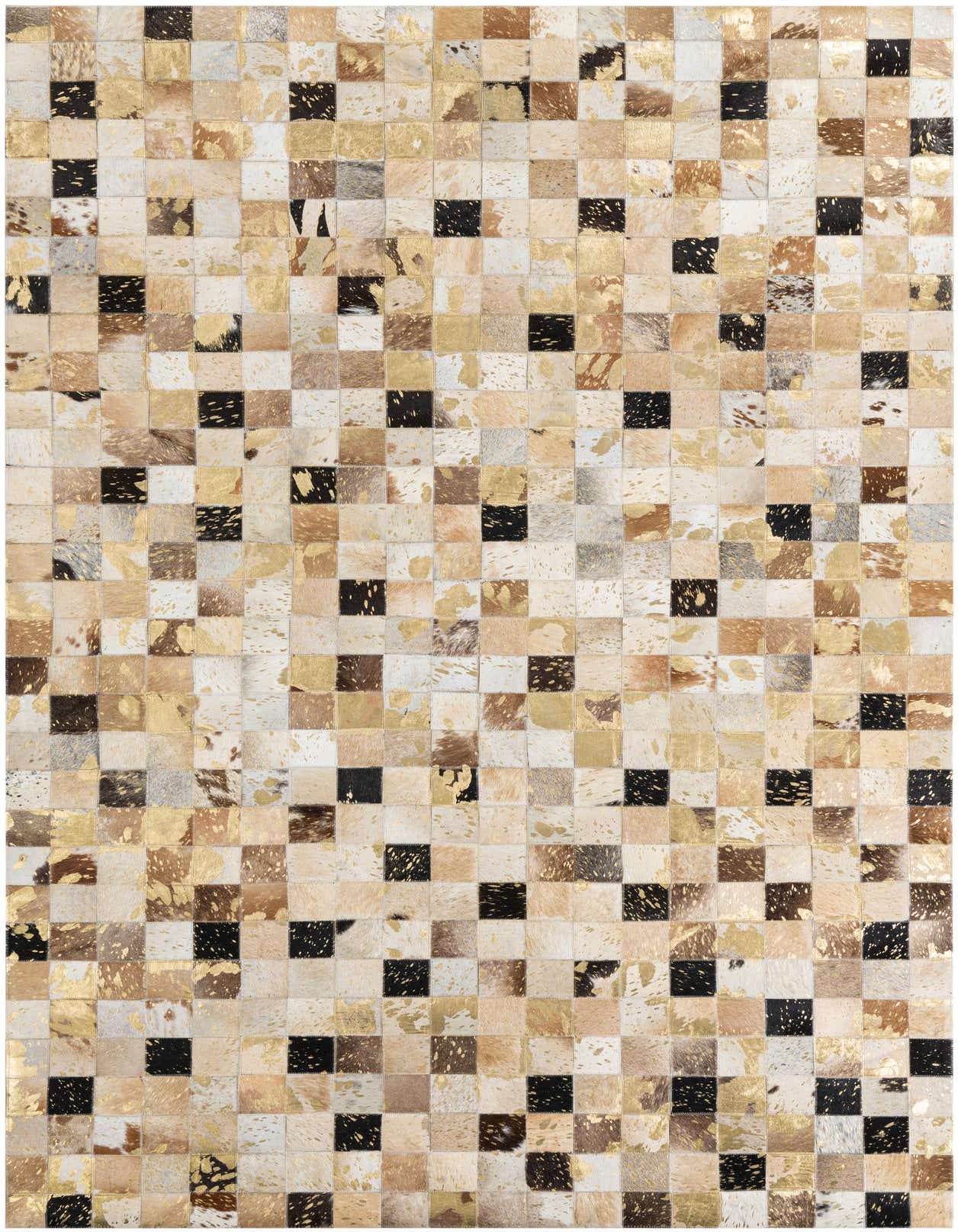 A rectangular 5x8 modern cowhide rug featuring a patchwork of gold, cream, brown, and black squares, suitable for a living room.