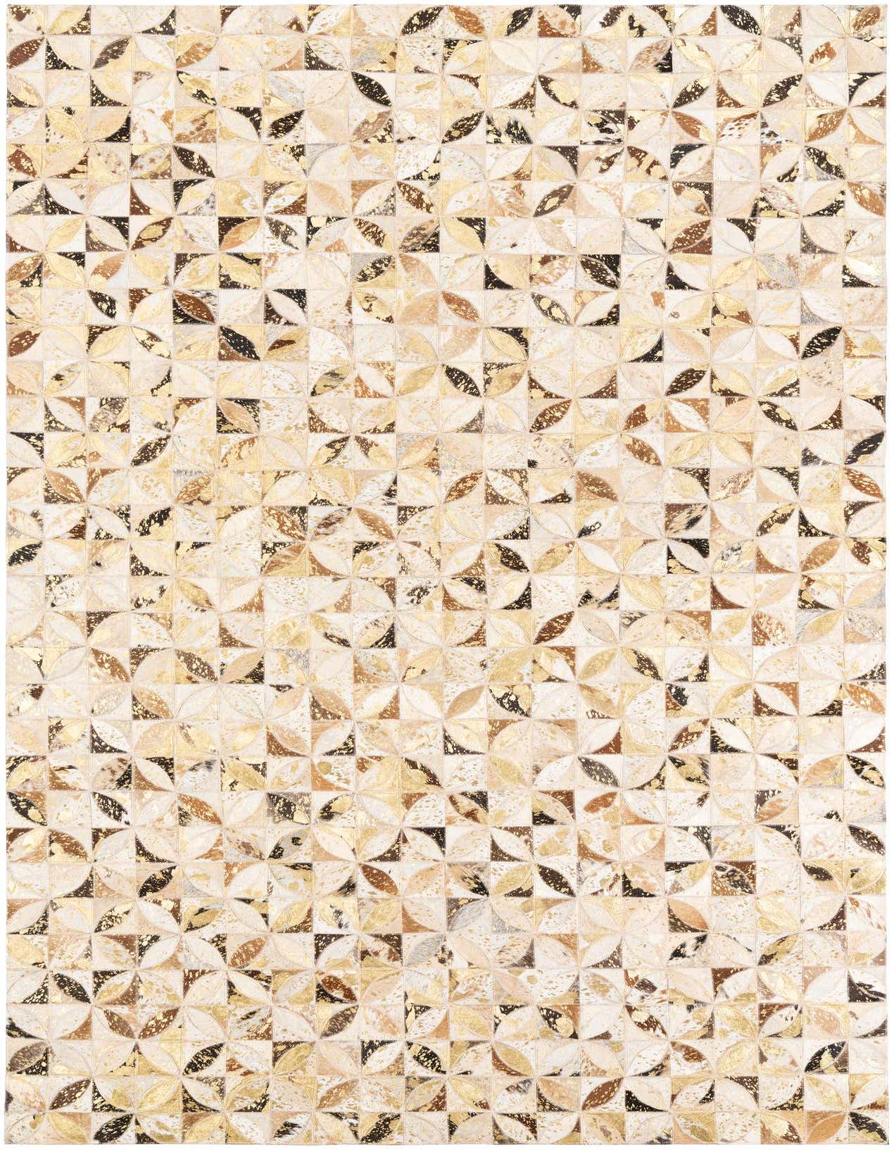 A 5x8 rectangular Cowhide Leather rug featuring a modern geometric pattern in various shades of yellow, gold, and brown.