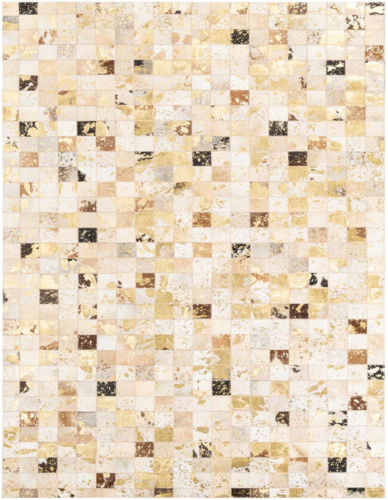 A 5x8 rectangular modern cowhide rug featuring a patchwork of golden, white, brown, and black squares, some with metallic gold splatter.