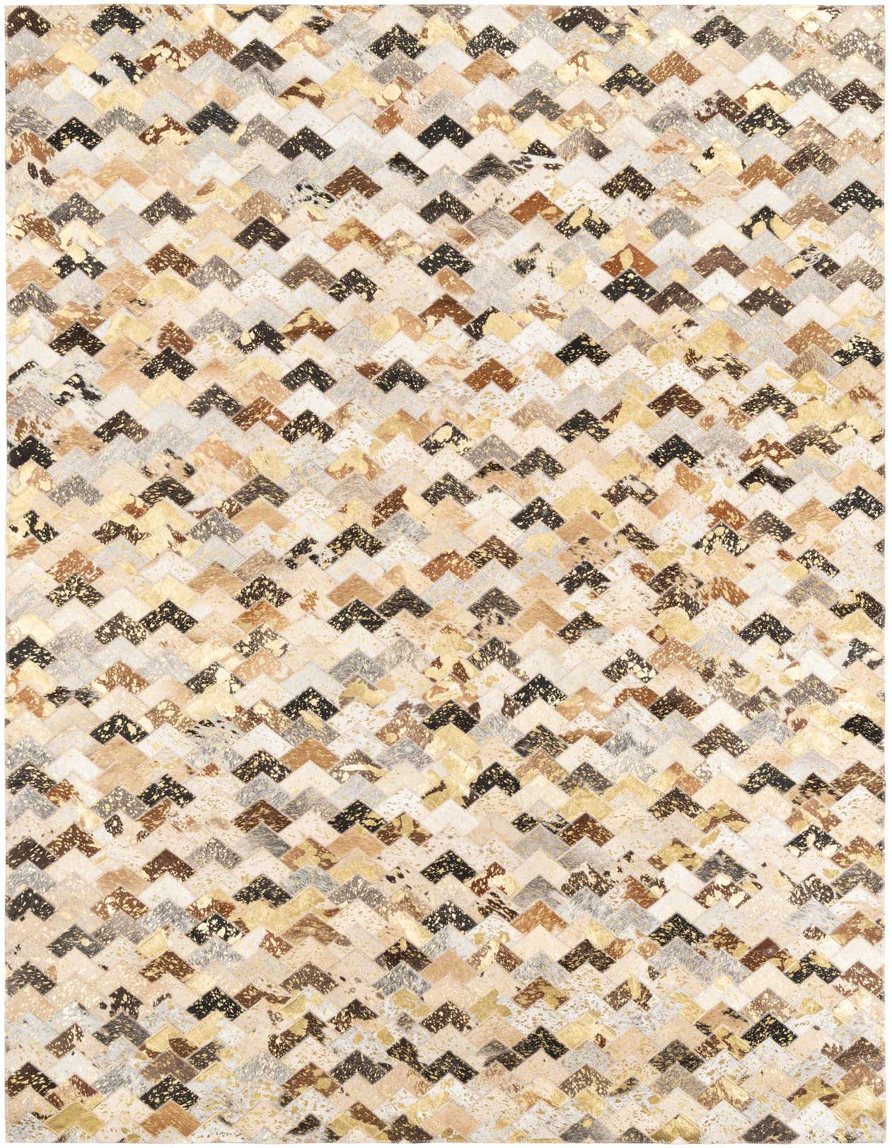 A rectangular 5x8 modern area rug featuring a chevron pattern of yellow, gold, brown, and black cowhide and leather patches.
