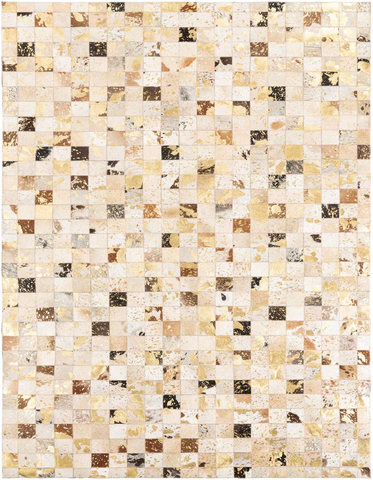 A rectangular 5x8 modern cowhide rug with a patchwork design in shades of gold, yellow, brown, and cream.