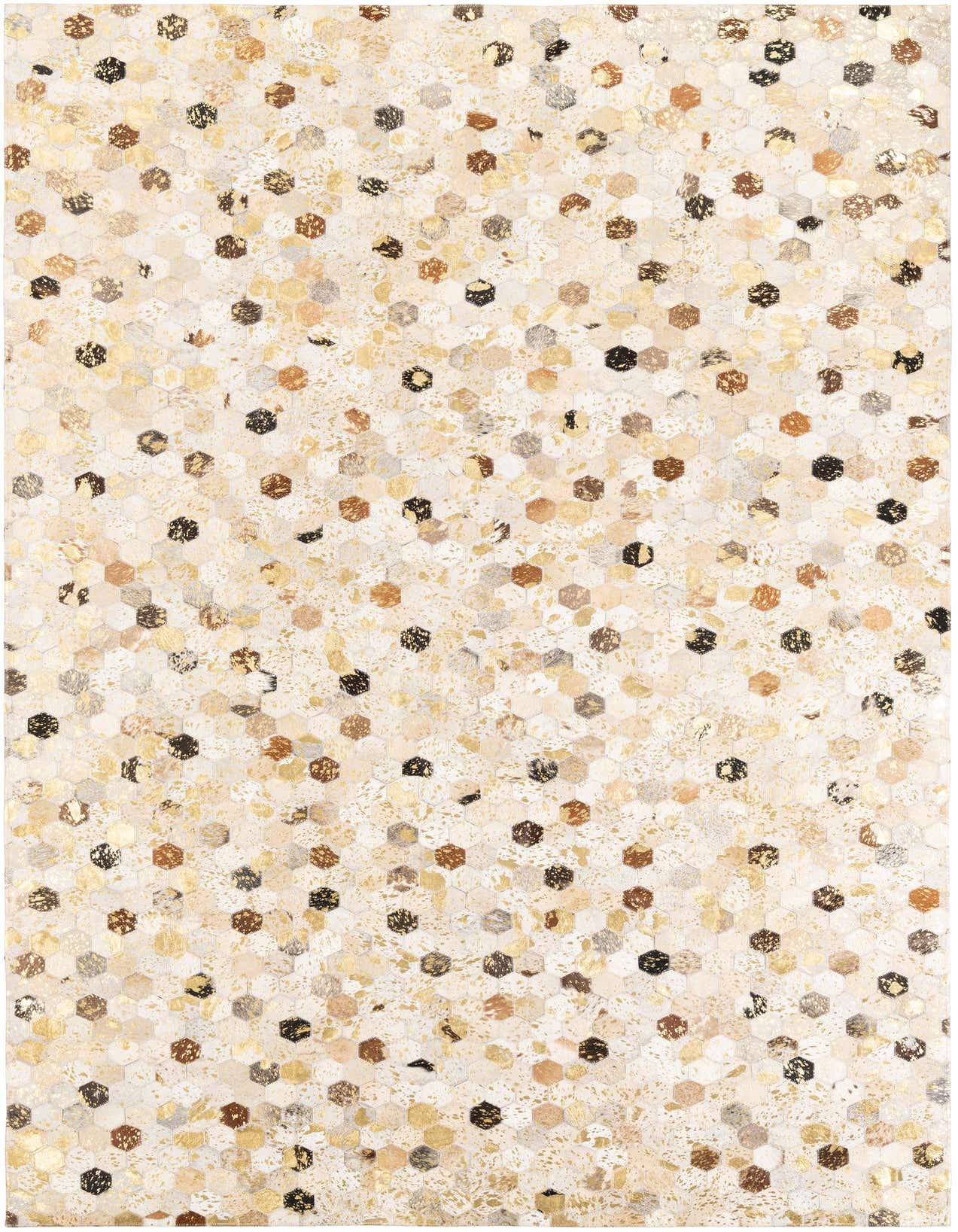 A 5x8 rectangular Cowhide Leather rug featuring a modern honeycomb pattern in various shades of yellow, gold, and brown.