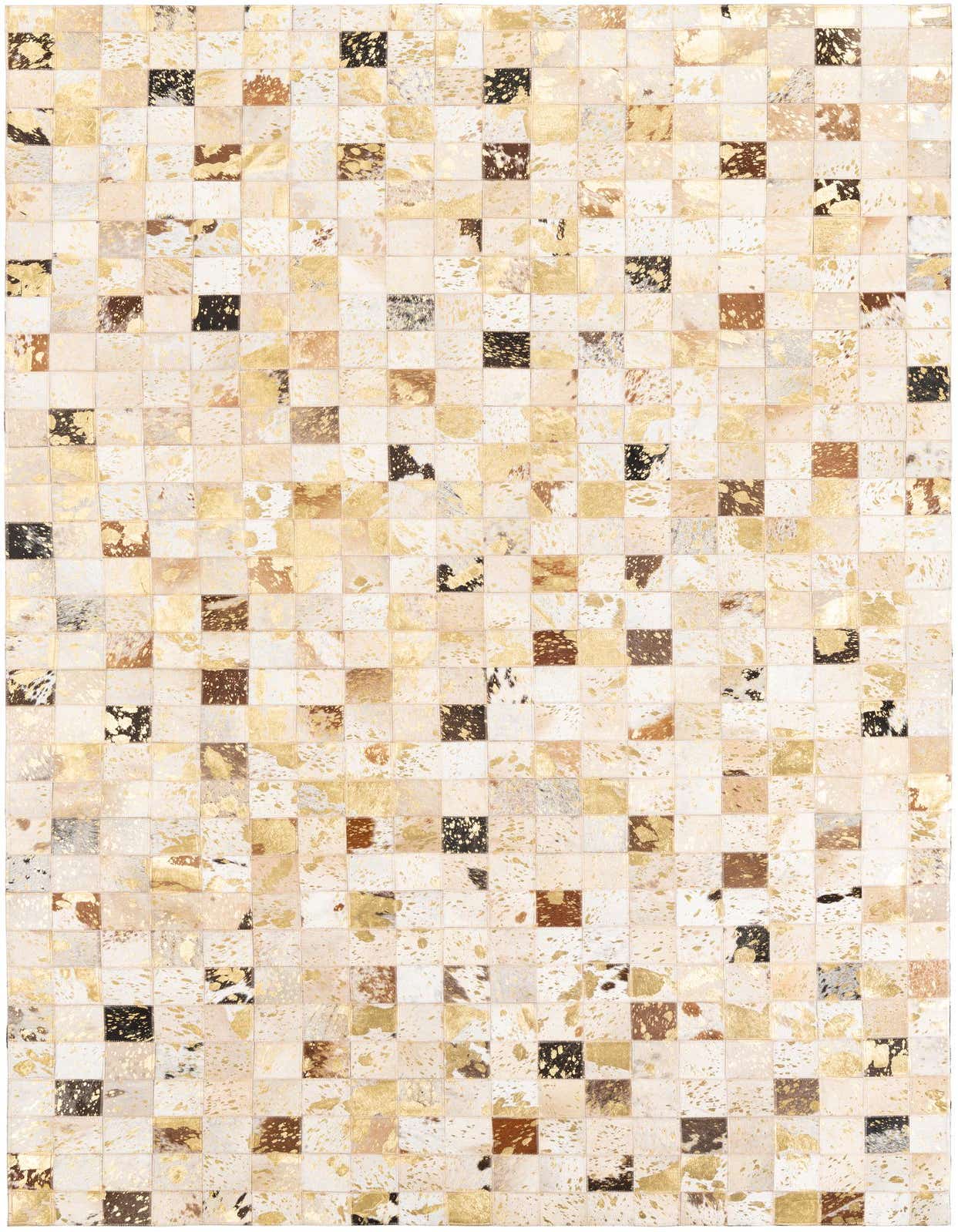 A 5x8 rectangular Cowhide & Leather rug featuring a modern patchwork of gold, yellow, brown, and white squares, perfect for a living room.