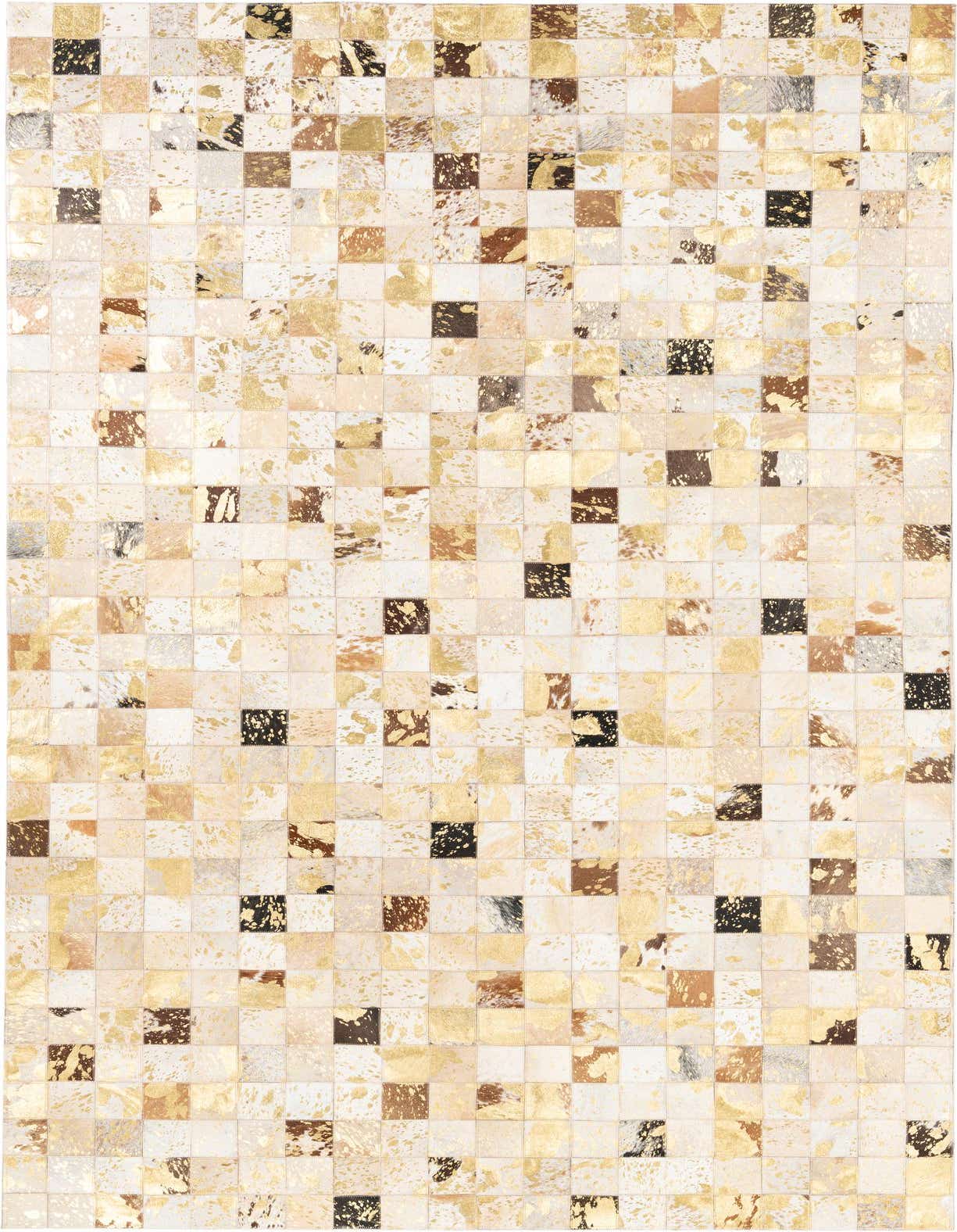 A 5x8 rectangular Cowhide & Leather rug featuring a modern, abstract patchwork design in varying shades of yellow, gold, brown, and black.