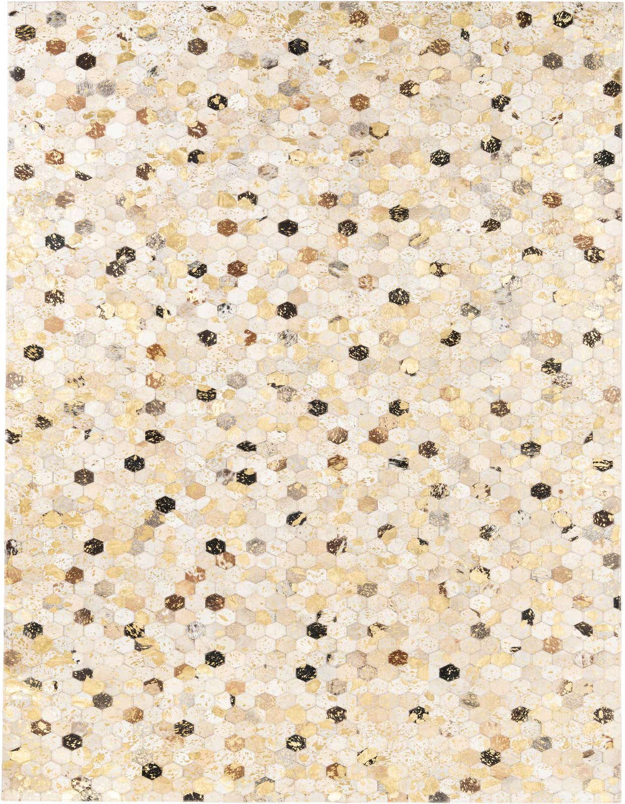 A 5x8 rectangular Cowhide Leather rug featuring a modern, abstract hexagonal pattern in varied yellows, golds, and black.