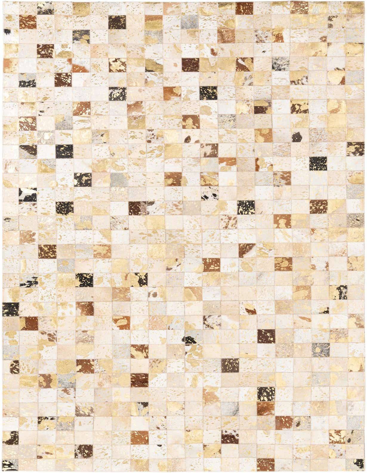 A rectangular 5x8 modern cowhide rug with a patchwork of yellow, gold, brown, and white squares, ideal for a living room.