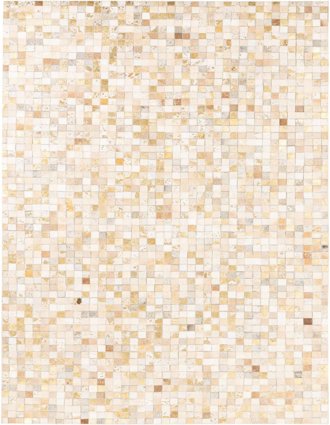 A rectangular 5x8 modern cowhide and leather rug with a mosaic pattern in varying shades of yellow and gold.