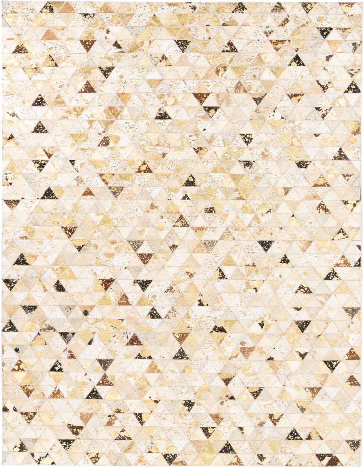 A 5x8 rectangular Cowhide Leather rug featuring a modern abstract geometric pattern of yellow, gold, and brown triangles.