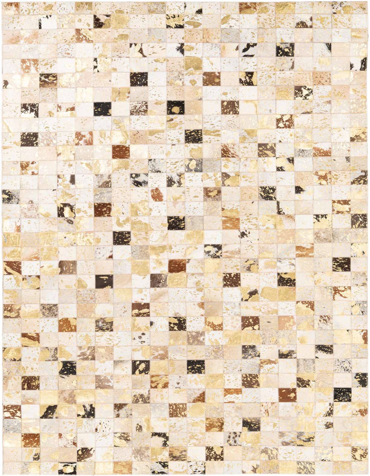 A 5x8 rectangular Cowhide Leather rug featuring a modern, abstract patchwork of gold, brown, and white squares.