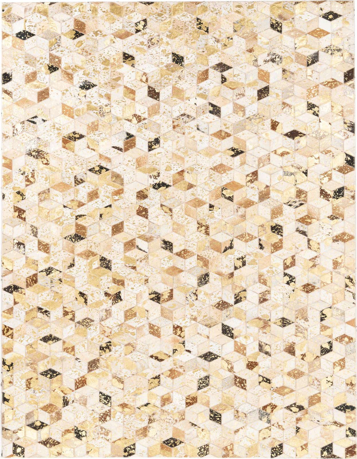 A 5x8 rectangular yellow and gold cowhide rug with a modern abstract geometric cube pattern, perfect for a living room.