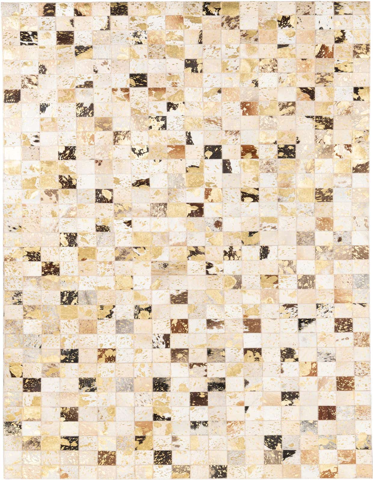 A 5x8 rectangular Cowhide Leather rug featuring a modern, abstract patchwork of gold, white, brown, and black squares.