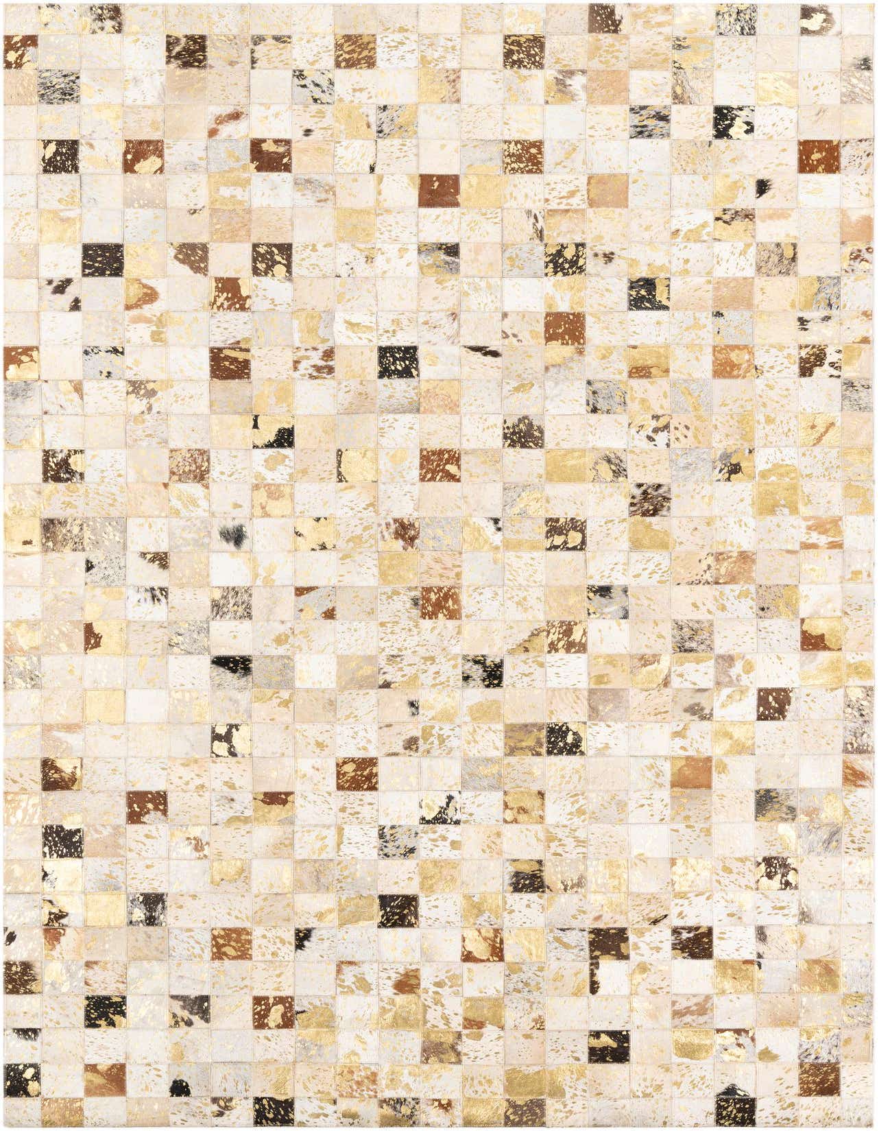 A 5x8 rectangular Cowhide & Leather rug featuring an abstract patchwork of yellow, gold, brown, and black squares.