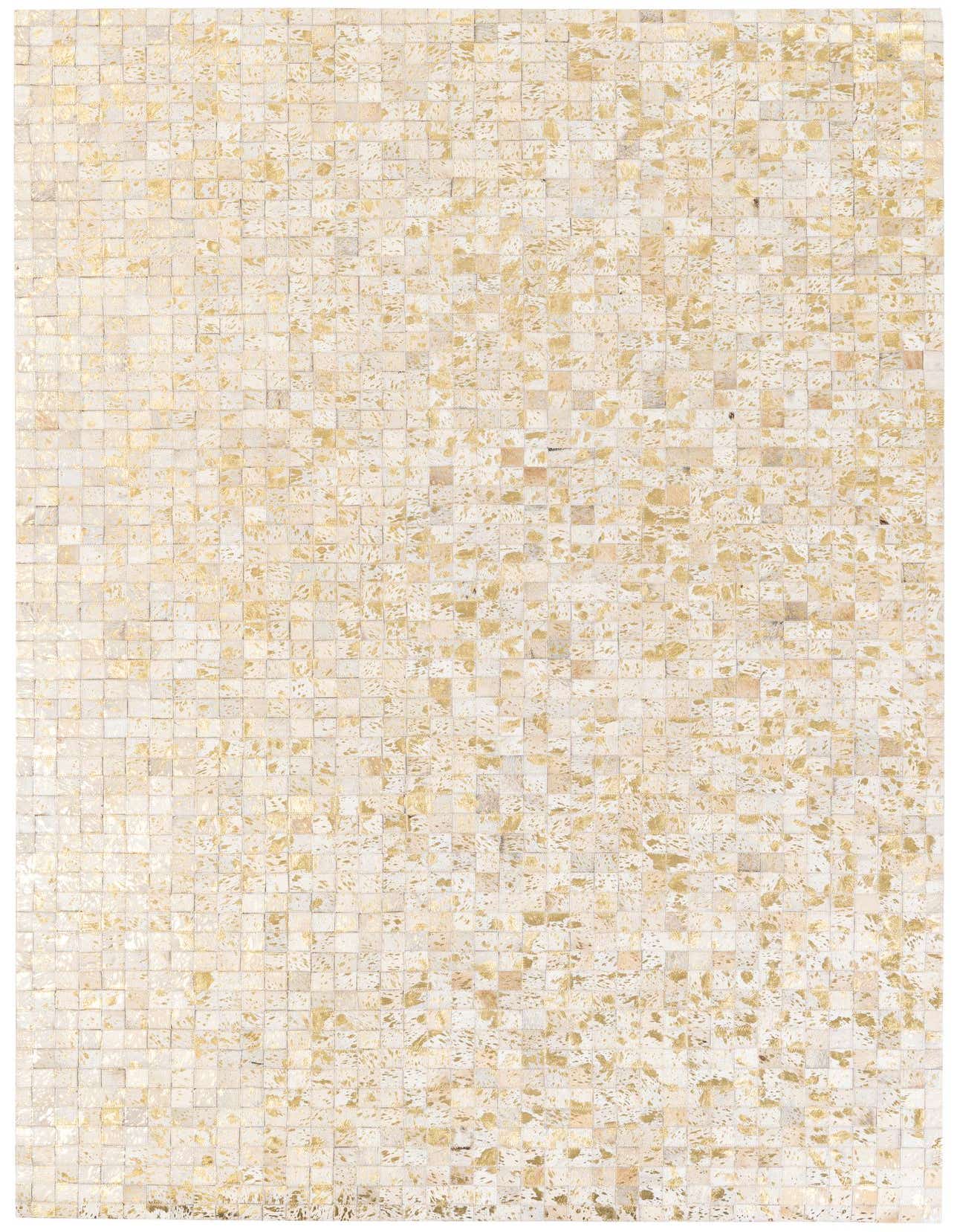 A 5x8 rectangular Cowhide Stocks rug from Rugs.com, featuring a modern patchwork of gold and cream cowhide squares, suitable for a living room.
