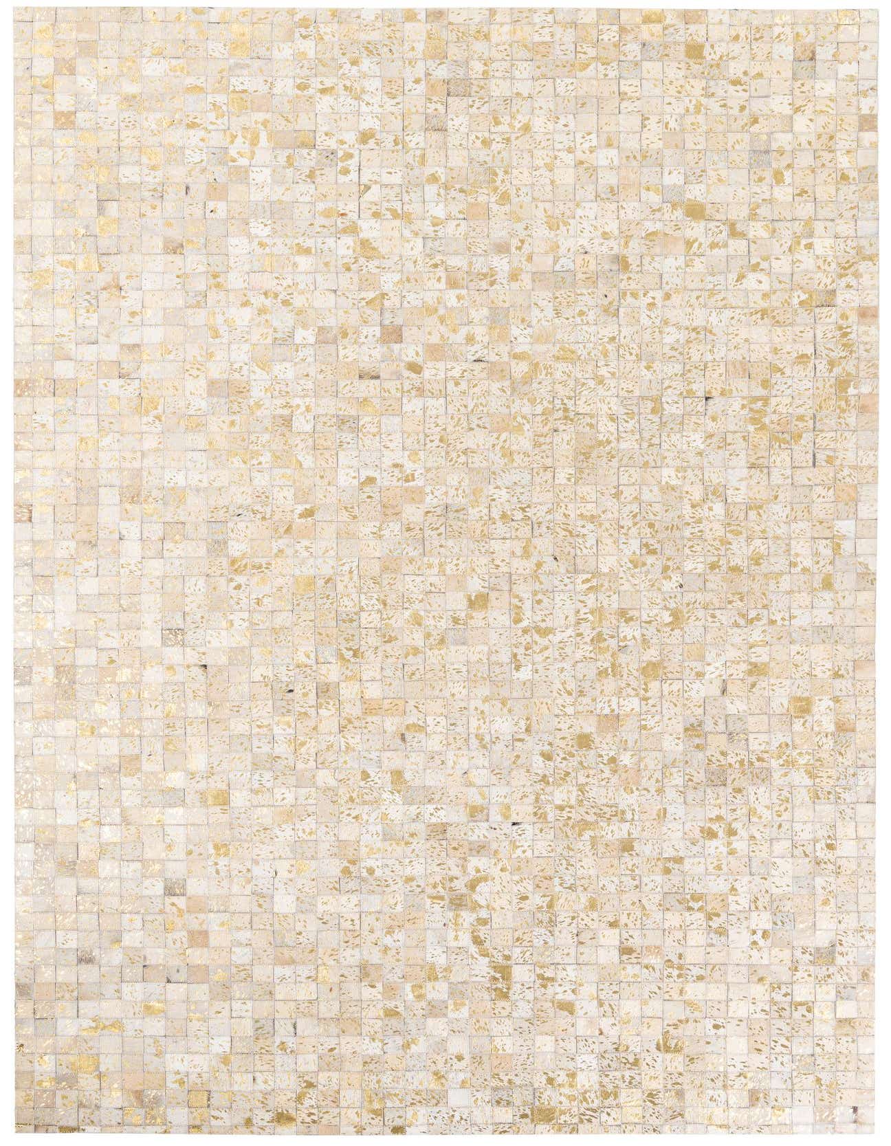 A 5x8 rectangular Cowhide Stocks rug from Rugs.com with a modern mosaic pattern of yellow and gold squares, ideal for a living room.