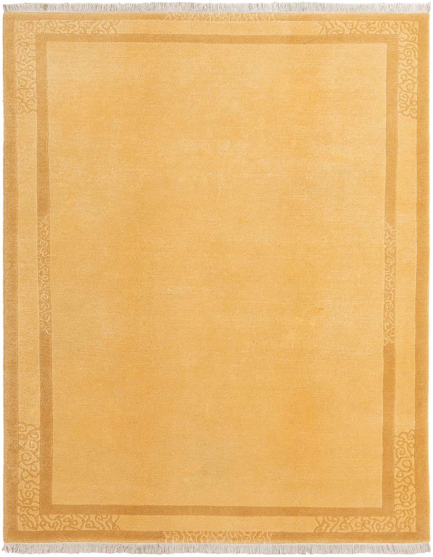 A 5x8 rectangular yellow wool rug with a subtle gold border featuring an intricate, modern oriental pattern and white fringe.