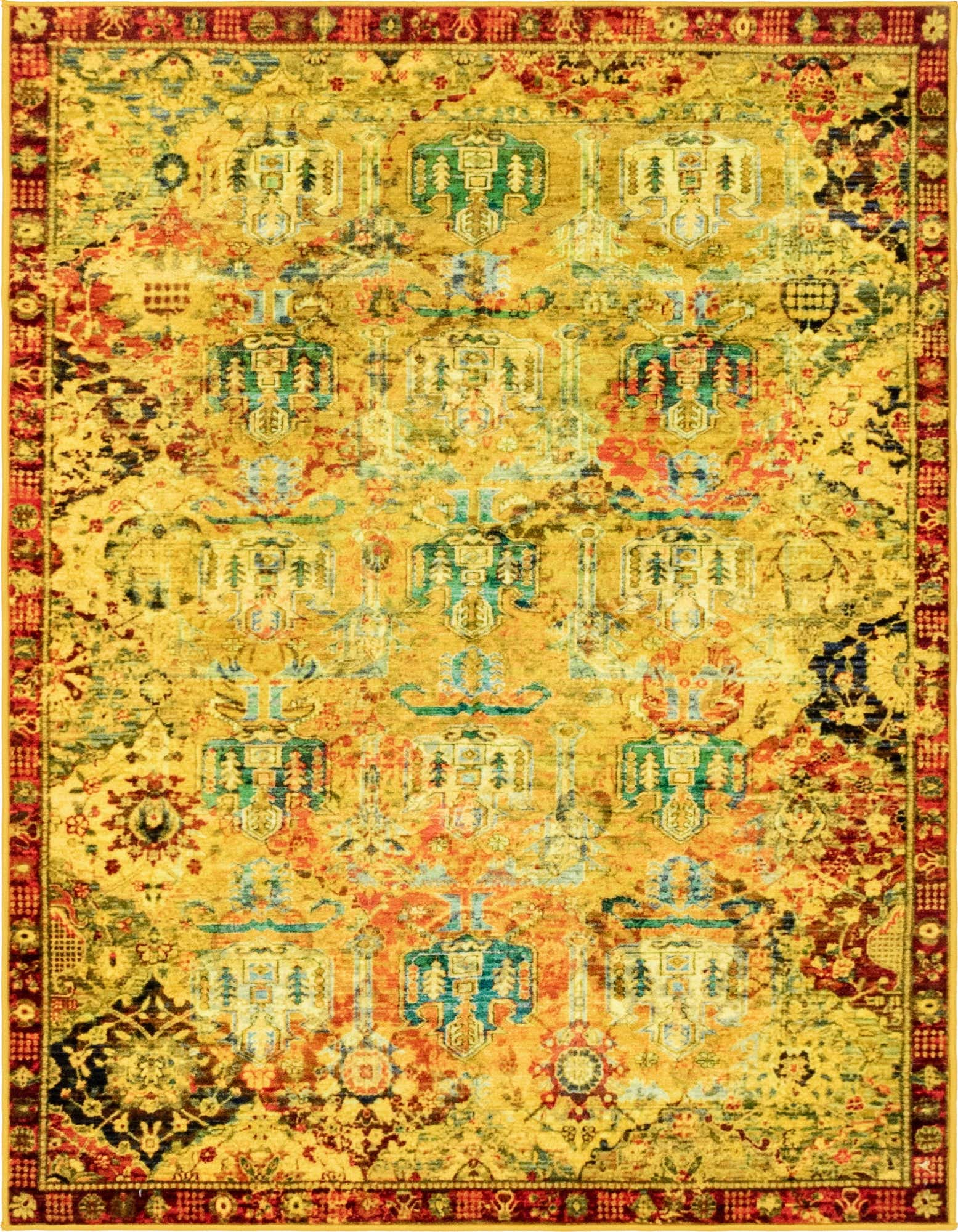 A 5x8 rectangular Eclat rug featuring a distressed botanical and modern vintage pattern in various yellows, golds, teal, and red, with a deep red border.