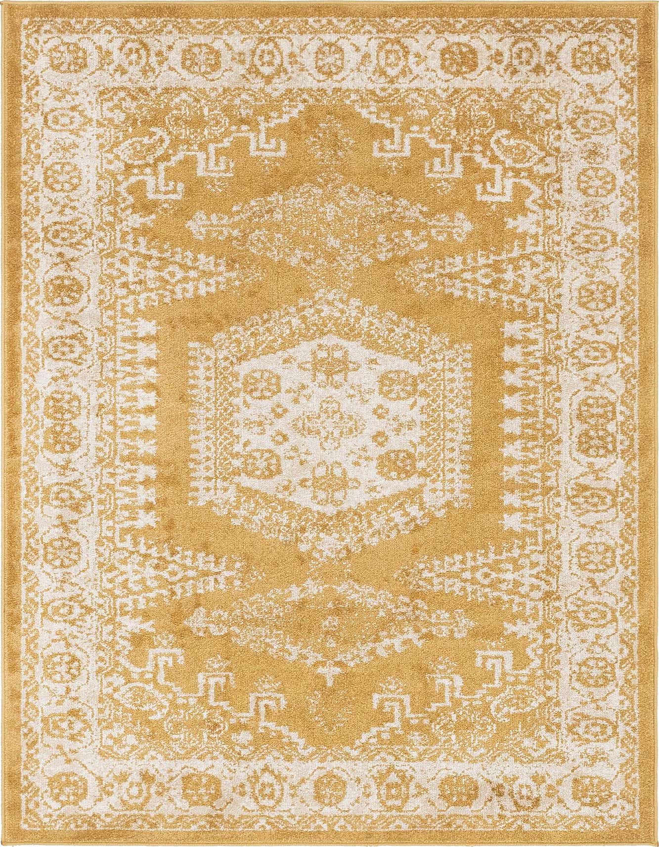 A 4x6 rectangular Eden rug in golden yellow and off-white, featuring a distressed bohemian medallion and tribal pattern.