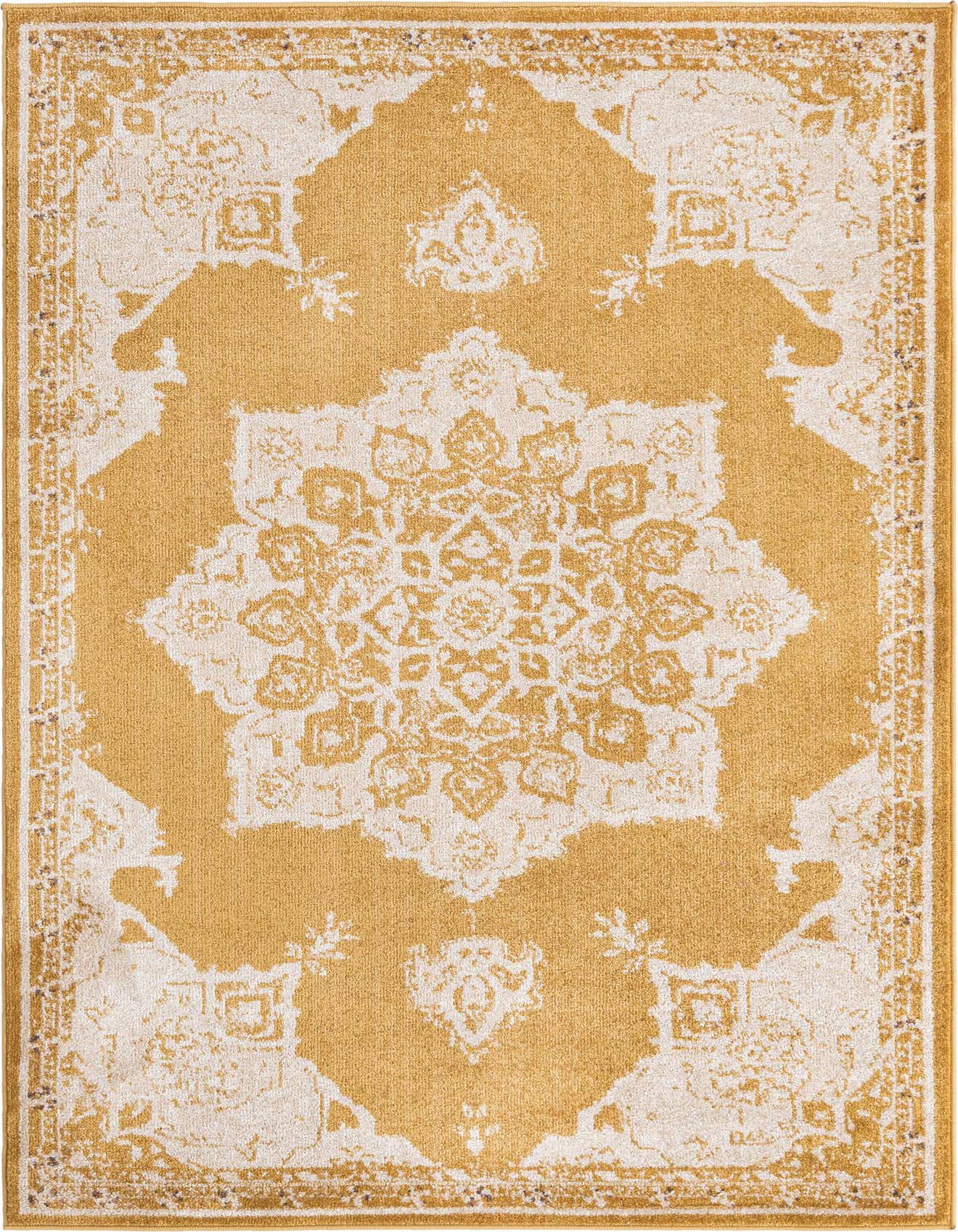 A 4x6 rectangular yellow and cream area rug with an ornate medallion and border pattern.
