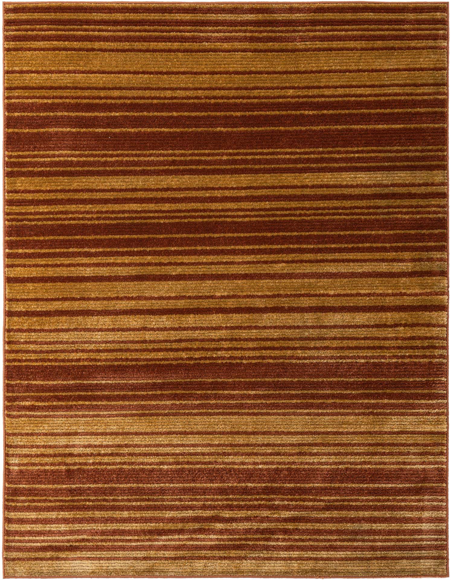 A 5x7 rectangular modern rug with alternating horizontal stripes of yellow-gold and deep reddish-brown.