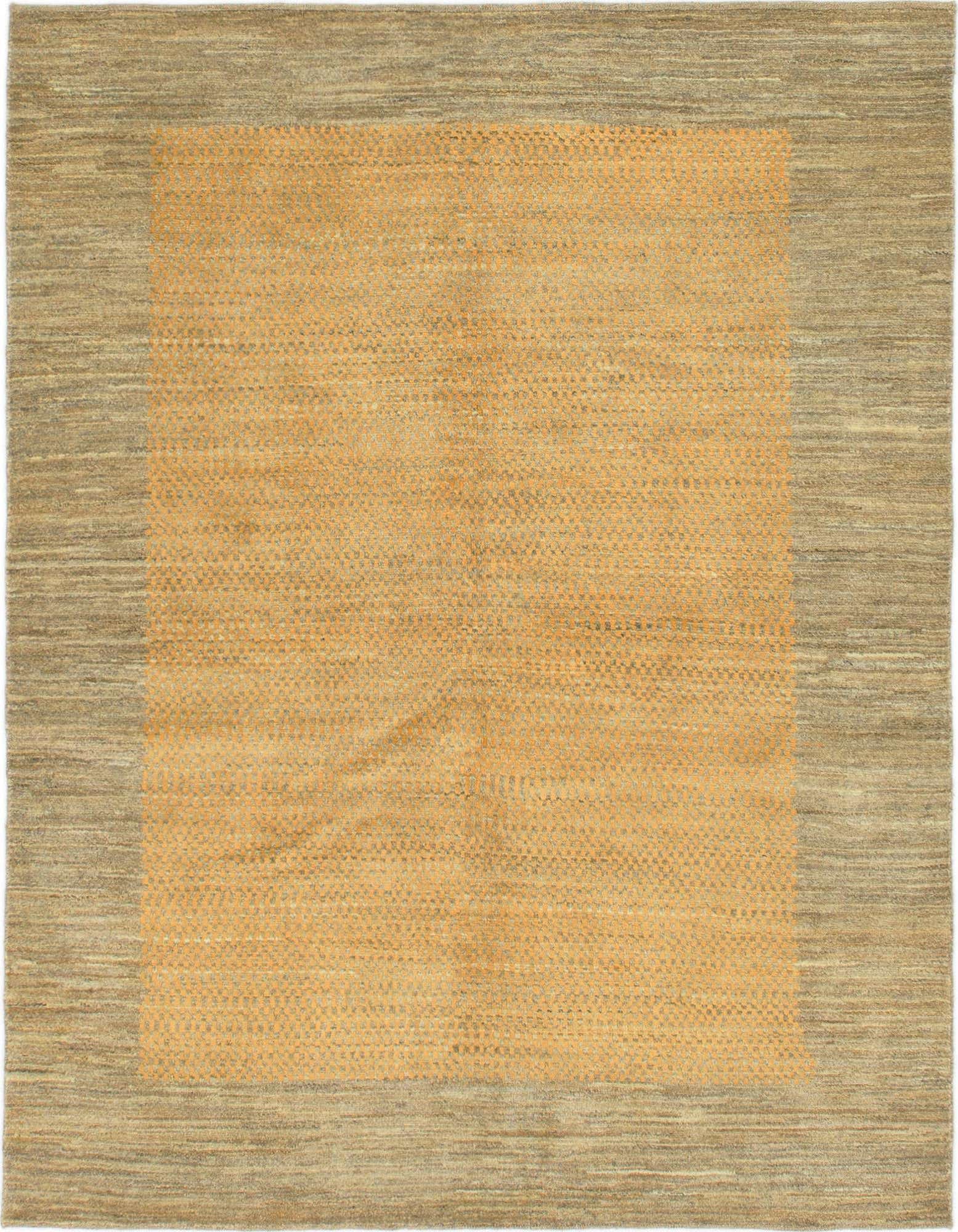 A 4x6 rectangular yellow and gold wool rug with a solid center and a subtle border, suitable for a living room.