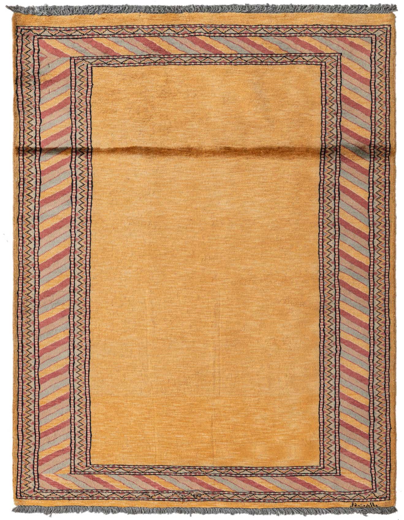 A 3x5 rectangular yellow Kashkuli Gabbeh wool rug with a modern oriental striped border in red, gray, and gold.
