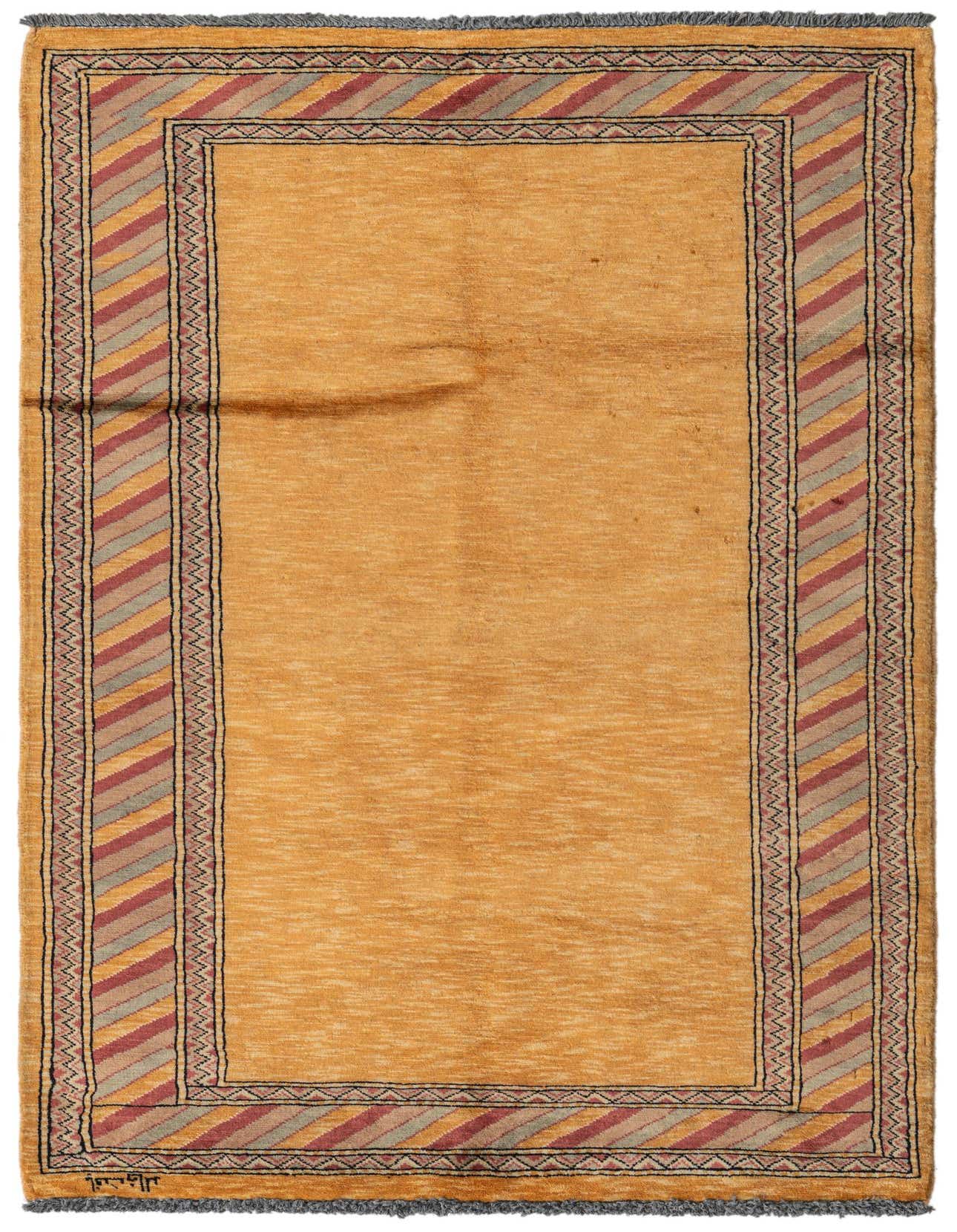 A 3x5 rectangular Kashkuli Gabbeh rug in yellow and gold with a striped modern border, ideal for a kitchen or entryway.