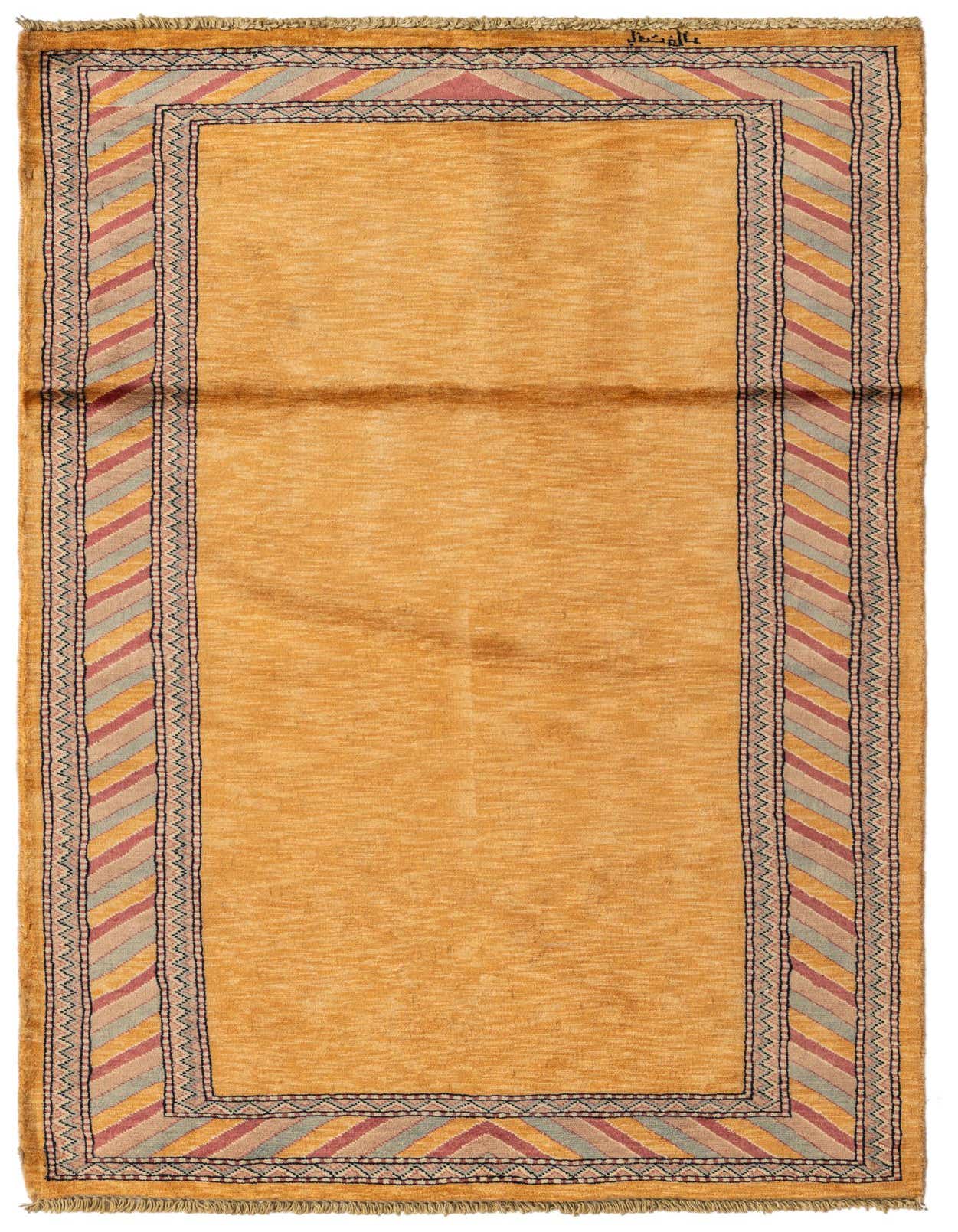 A 3x5 rectangular yellow Kashkuli Gabbeh rug with a modern oriental border featuring red, pink, and blue stripes.