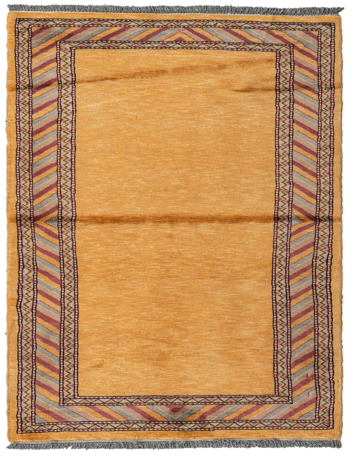 A 3x5 rectangular yellow wool rug with a modern oriental abstract border in red, gray, and gold.