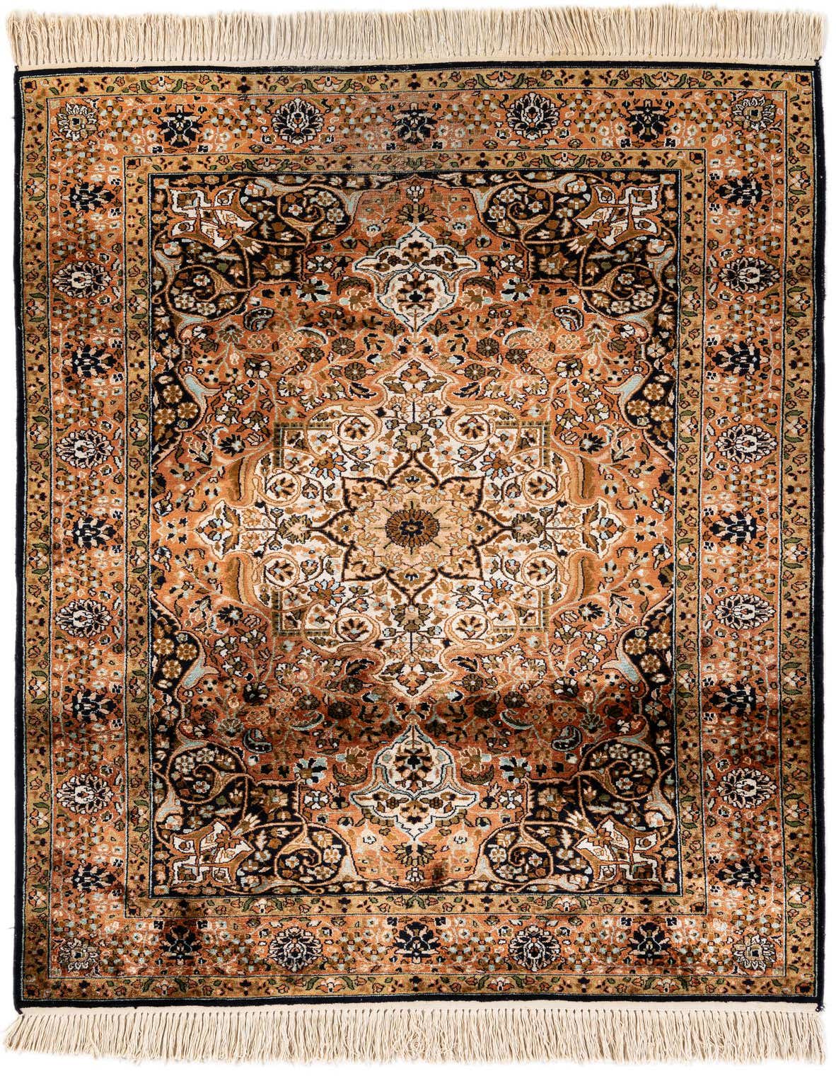A 4x6 rectangular Kashmir rug featuring a traditional Oriental medallion pattern in gold, yellow, and black with fringe.