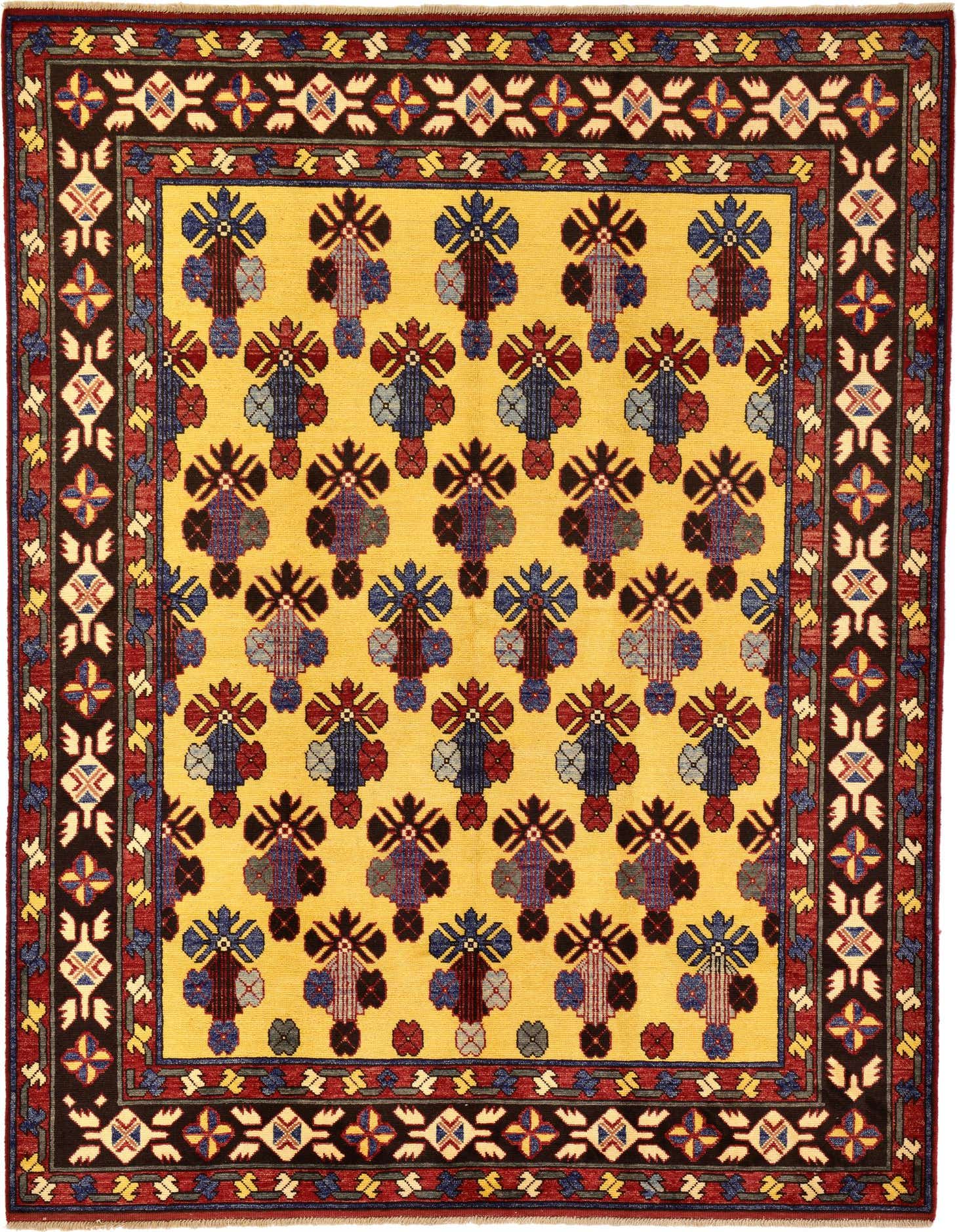 A 6x9 rectangular yellow Kazak rug with repeating botanical and tribal motifs in red, blue, and black, framed by a dark border.